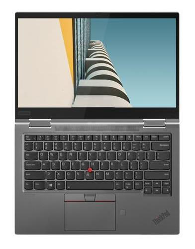 Ein graues ThinkPad-Laptop mit geöffnetem Bildschirm, der ein abstraktes Gebäude zeigt.
