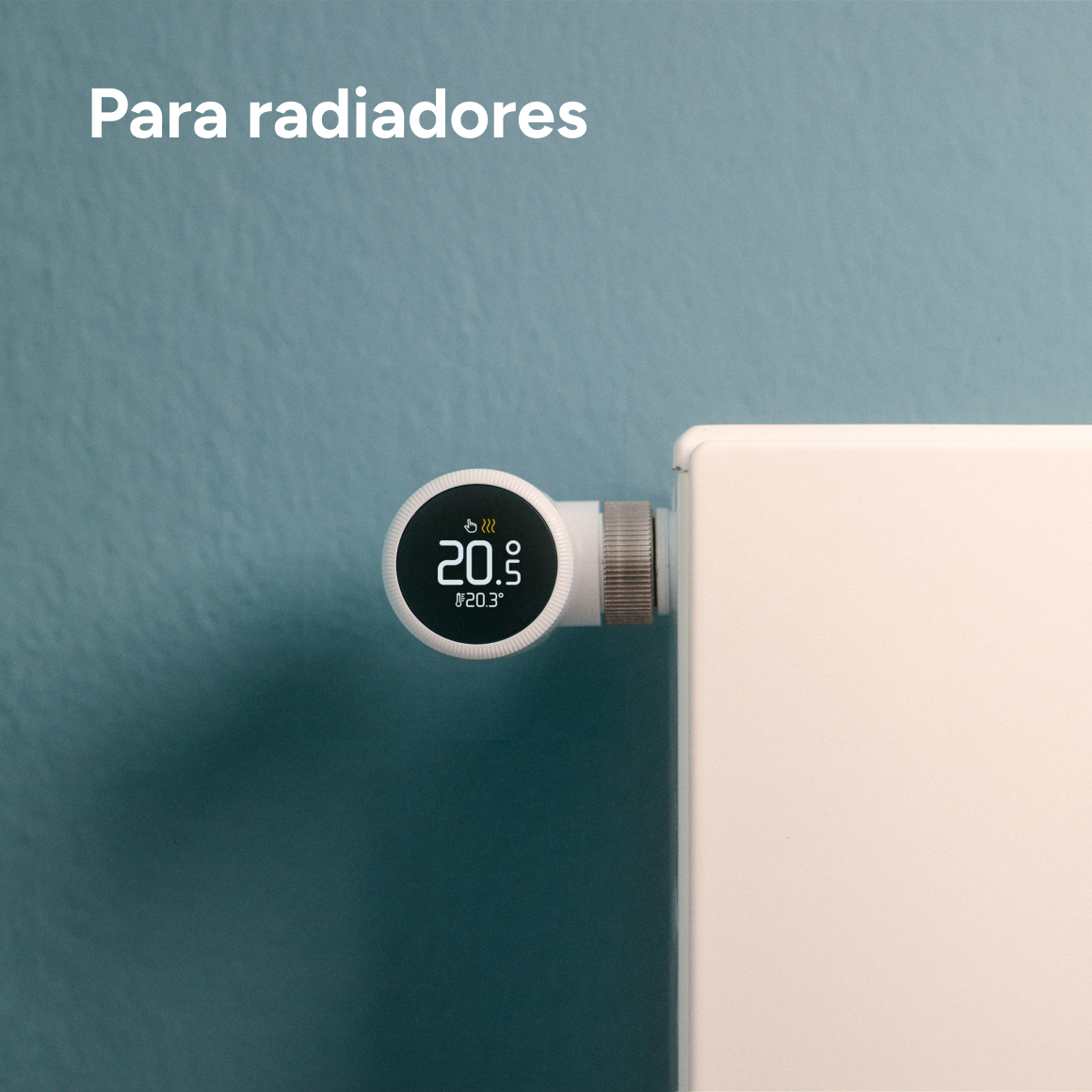 Un termostato blanco con pantalla digital en un radiador blanco sobre pared azul.