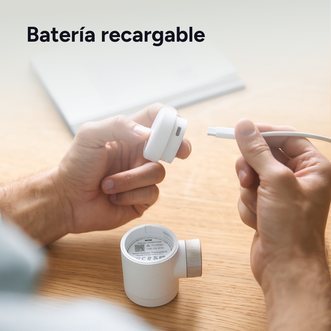 Manos conectan cable USB-C blanco a dispositivo de batería recargable.