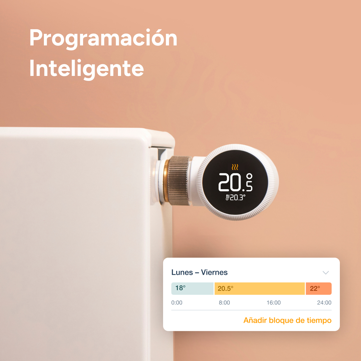 Control inteligente de radiador con pantalla digital y horario semanal.