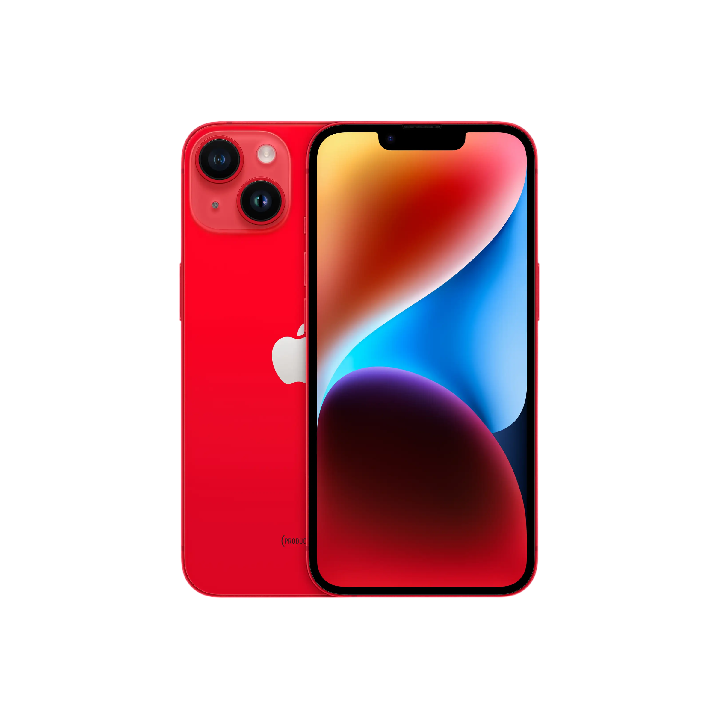 Arkada iki kamerası ve renkli ekranı olan kırmızı iPhone, siyah arka planda.