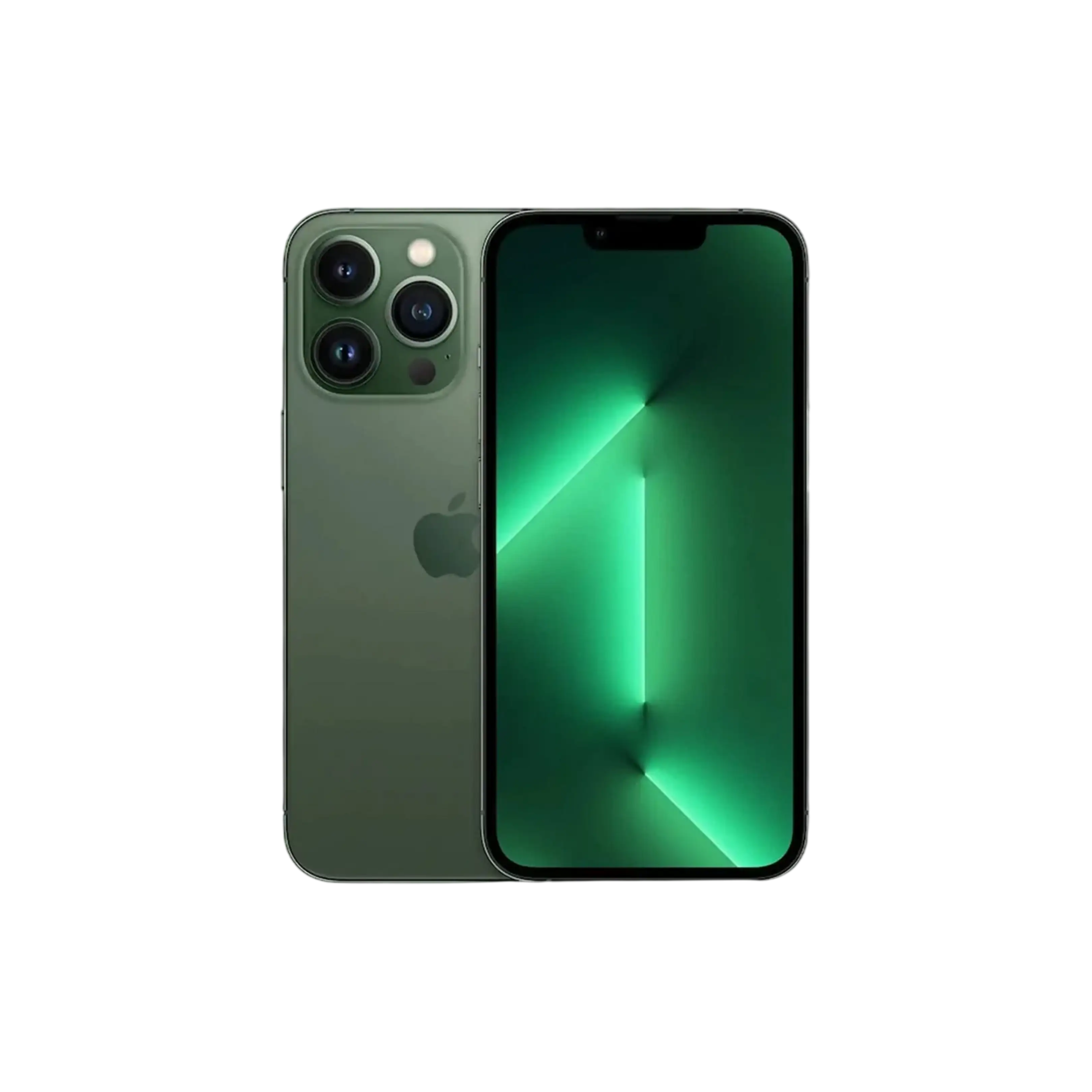 Üç kameralı yeşil iPhone 13 Pro, siyah arka plan üzerinde.
