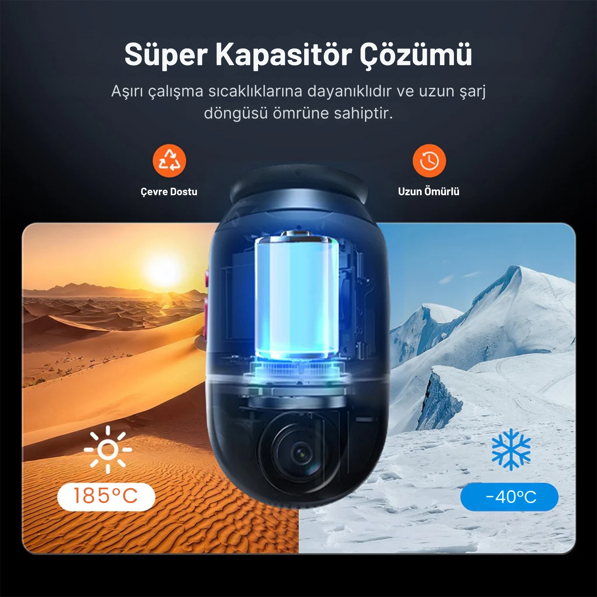 Isıya ve soğuğa dayanıklı, pilli bir kapasitör.