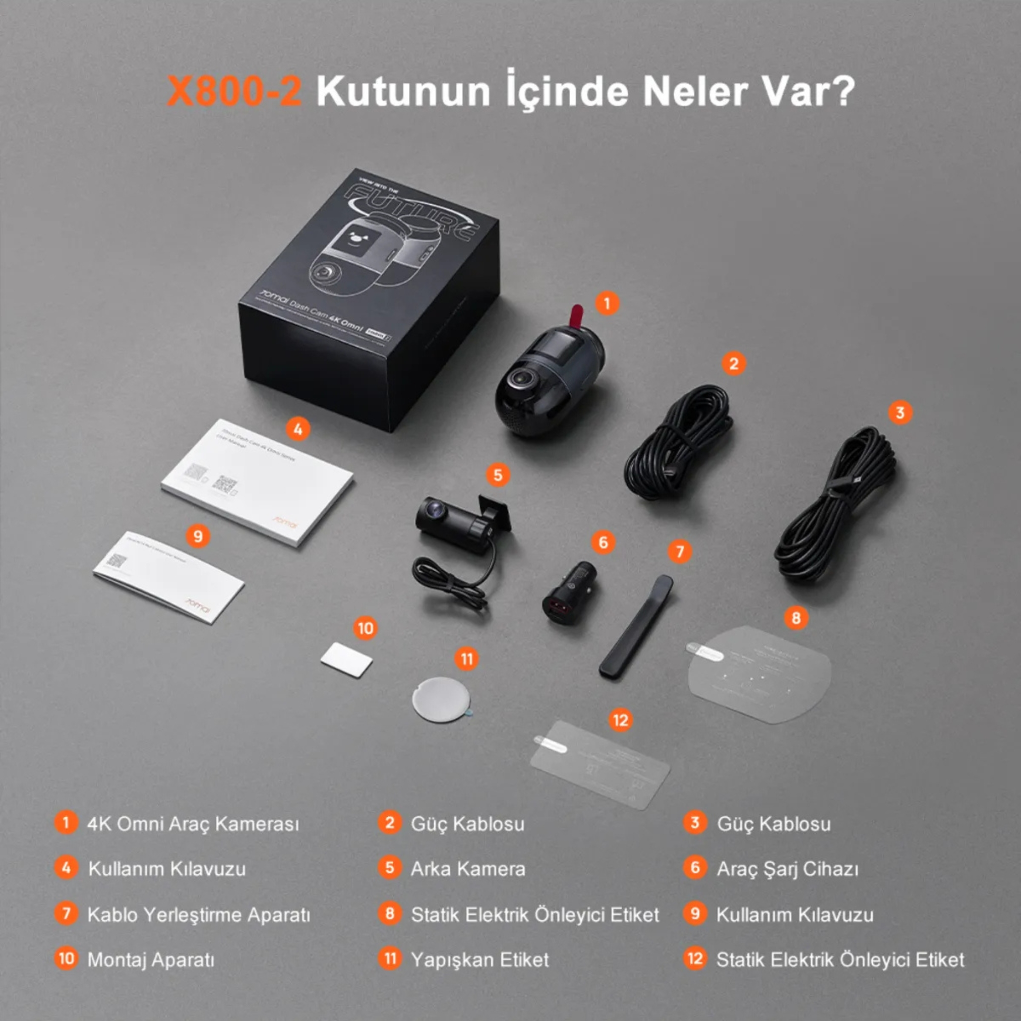 Dashcam aksesuarları: kameralar, kablolar, şarj kablosu, montaj aparatı, kılavuzlar.