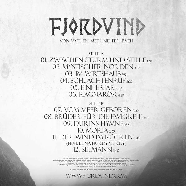 Albumcover mit Bandnamen Fjordvind, Songliste und Webseite.