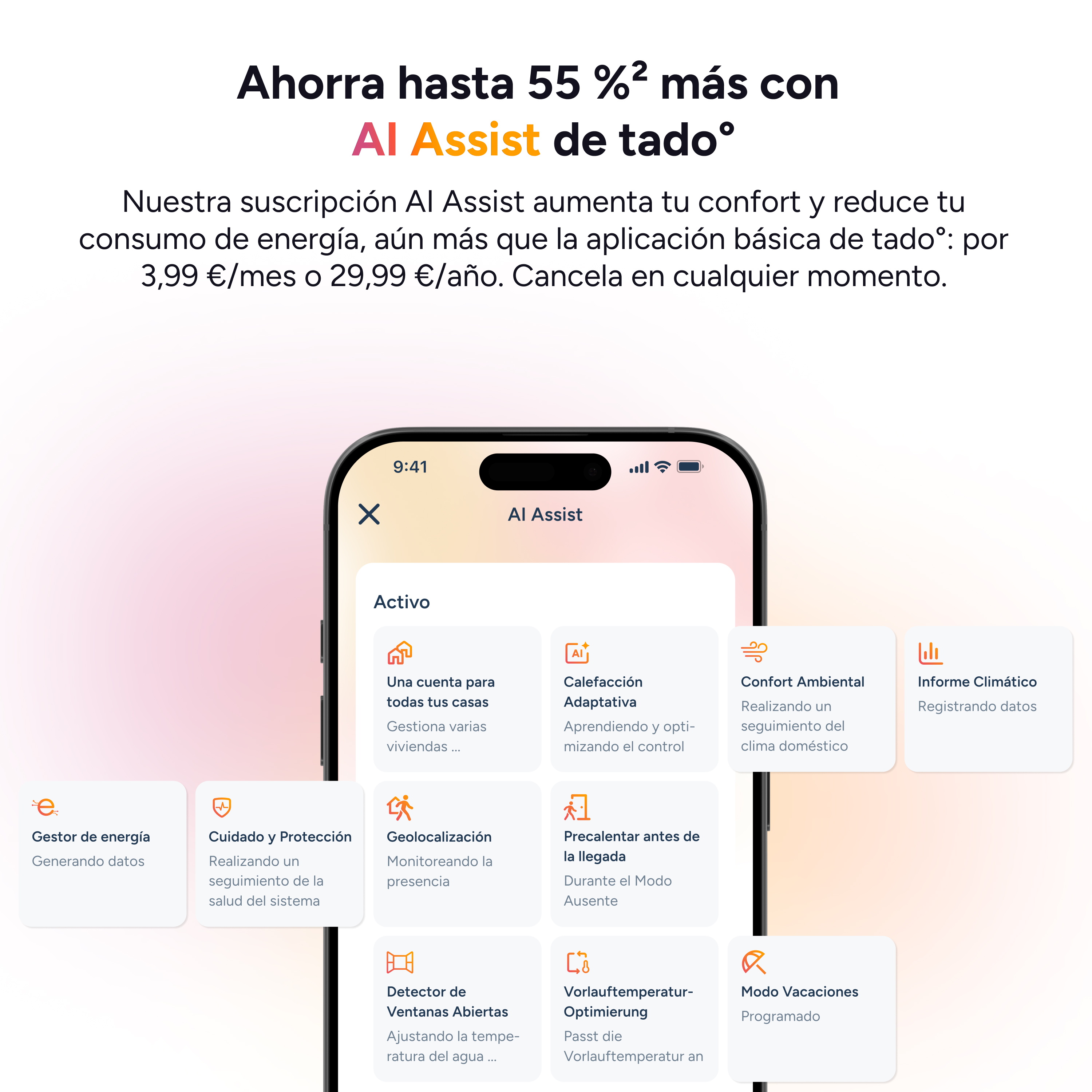 Pantalla de smartphone con la app "AI Assist" de Tado. Incluye gestión de energía y optimización de calefacción.