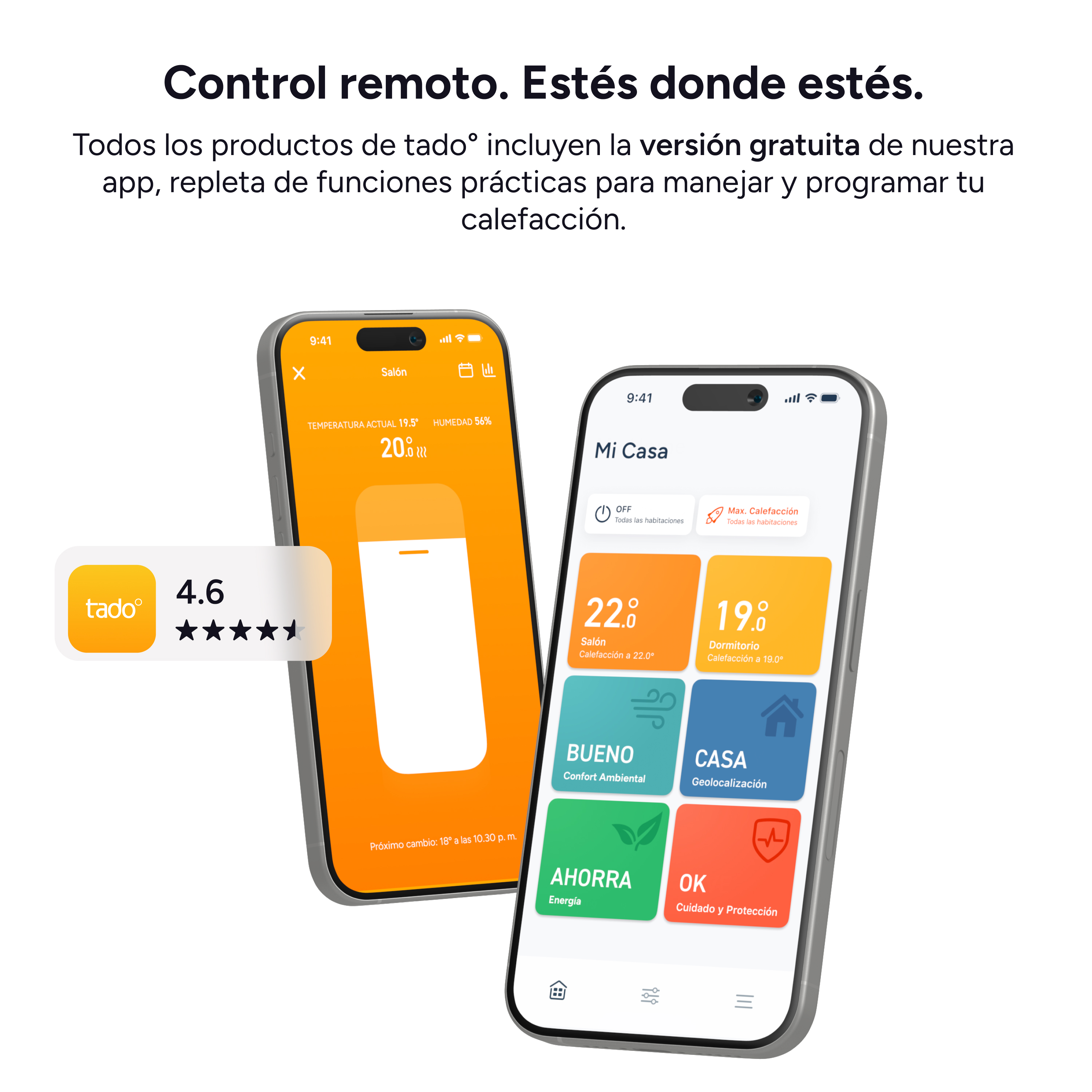 Dos smartphones muestran la app de tado. Una app muestra la temperatura y humedad.