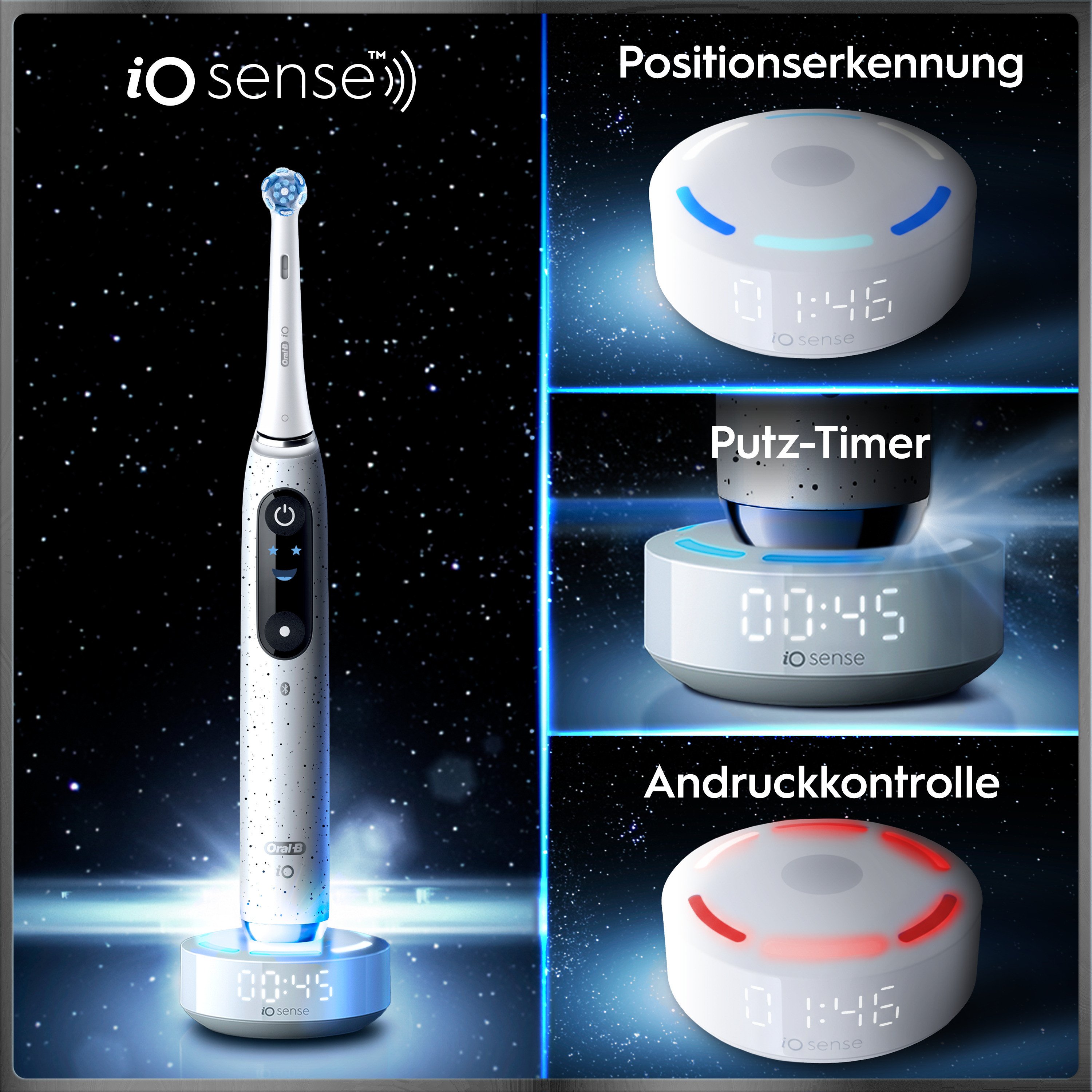 Une brosse à dents électrique blanche sur un chargeur. Trois cercles à côté.