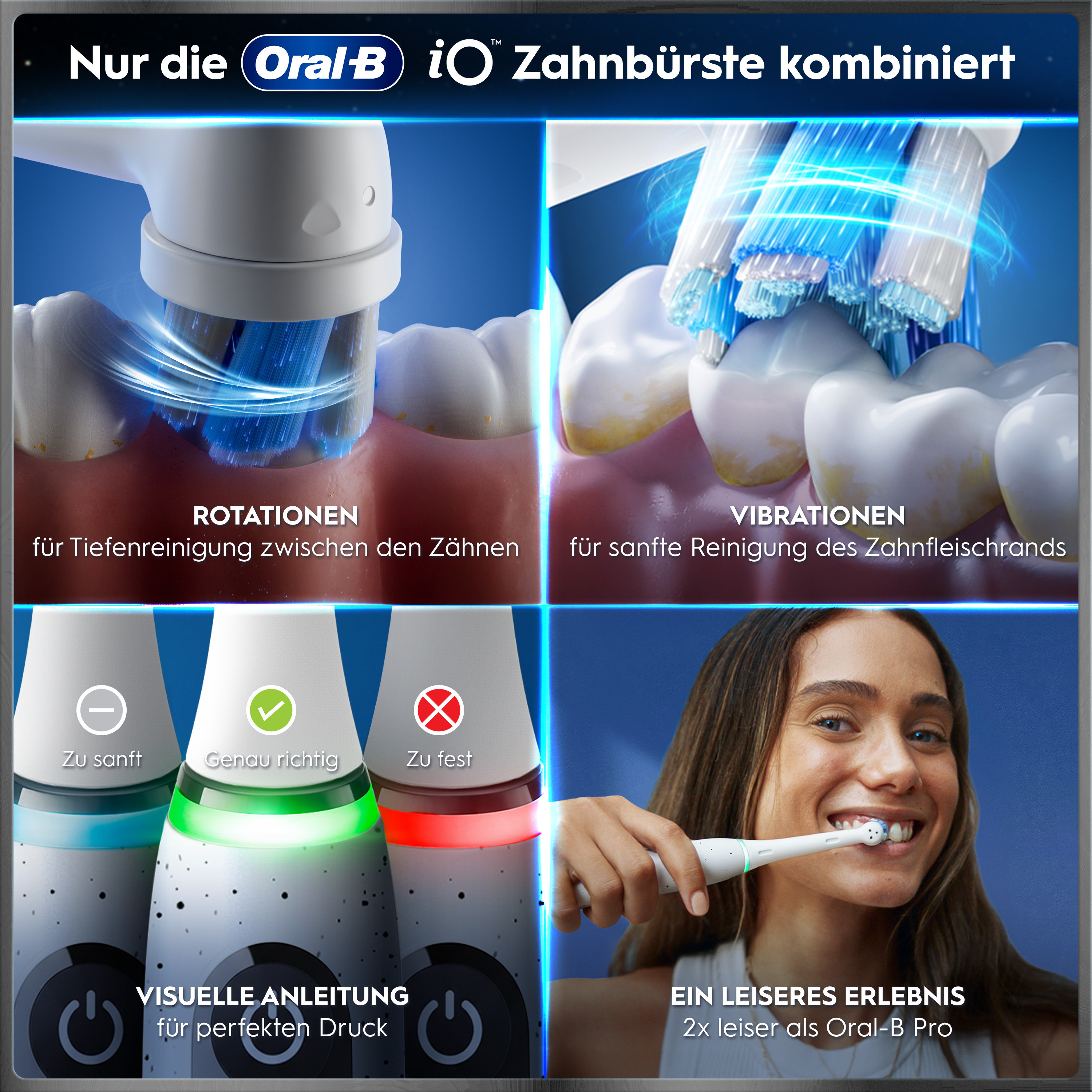 Brosse à dents Oral-B iO : Rotation, vibration, capteur de pression et silencieuse.