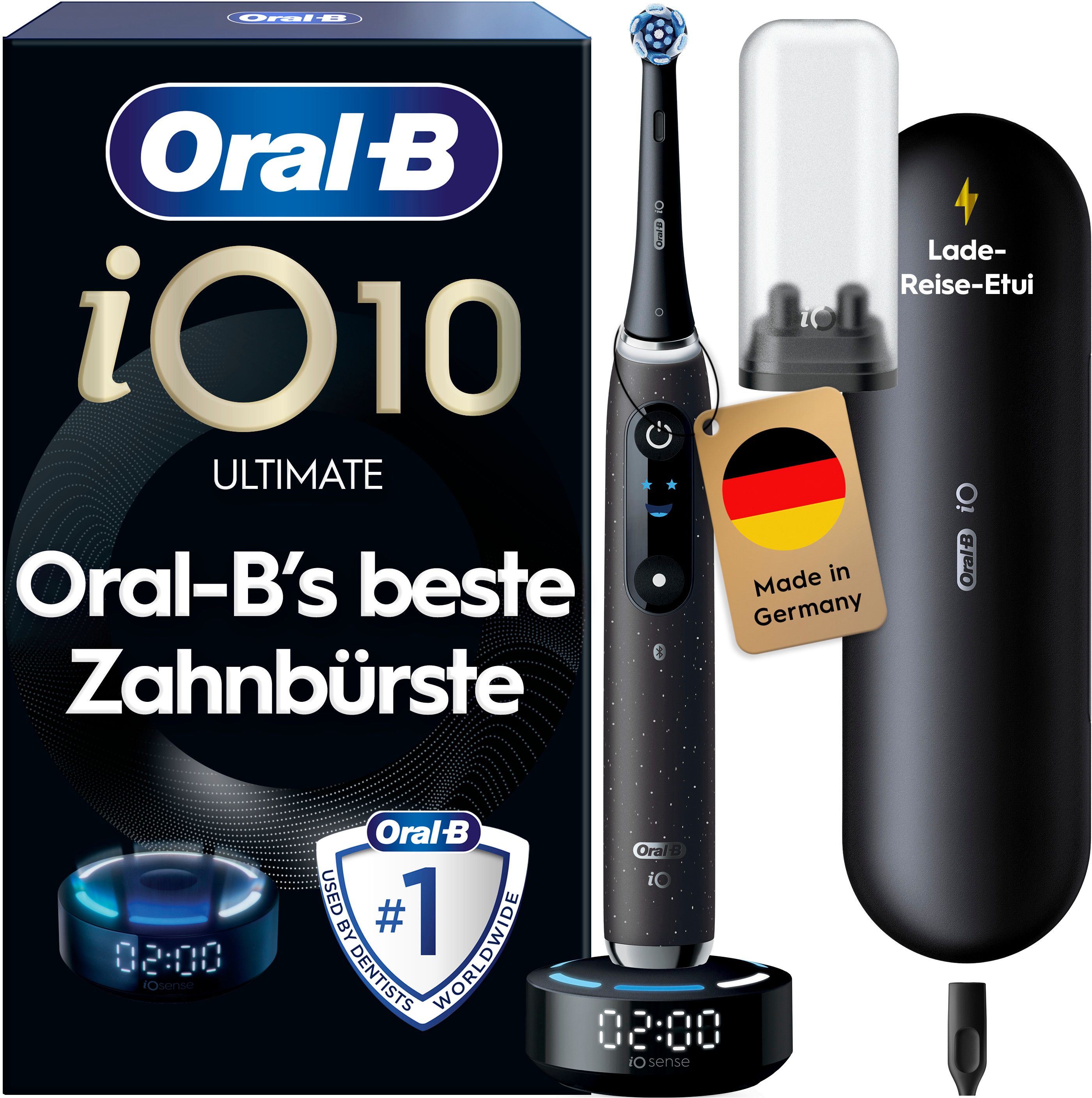 Schwarze Oral-B iO 10 Zahnbürste mit Lade-Reise-Etui, Ladeschale und Box.