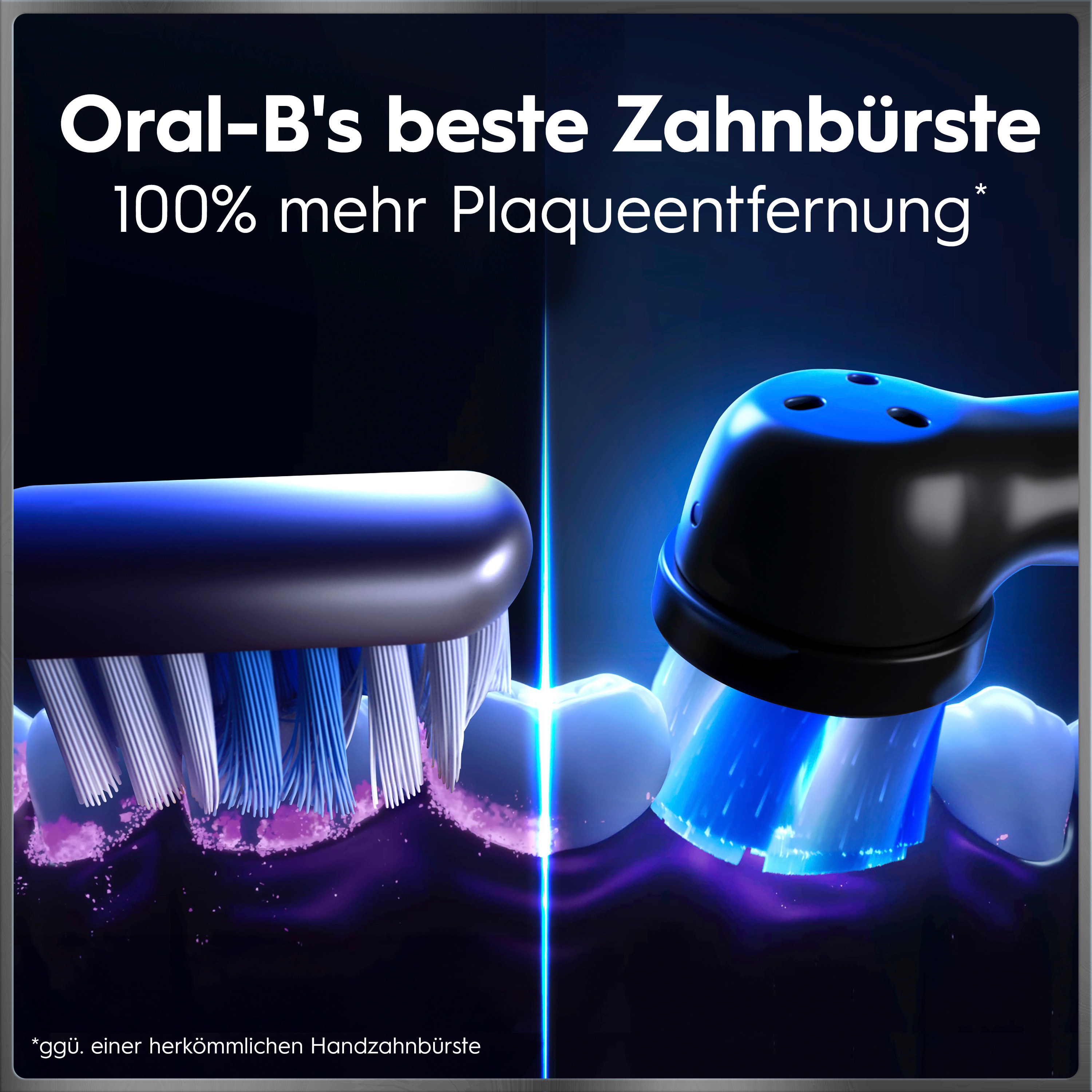 Zwei Oral-B Zahnbürstenköpfe reinigen Zähne mit blauen und weißen Borsten.