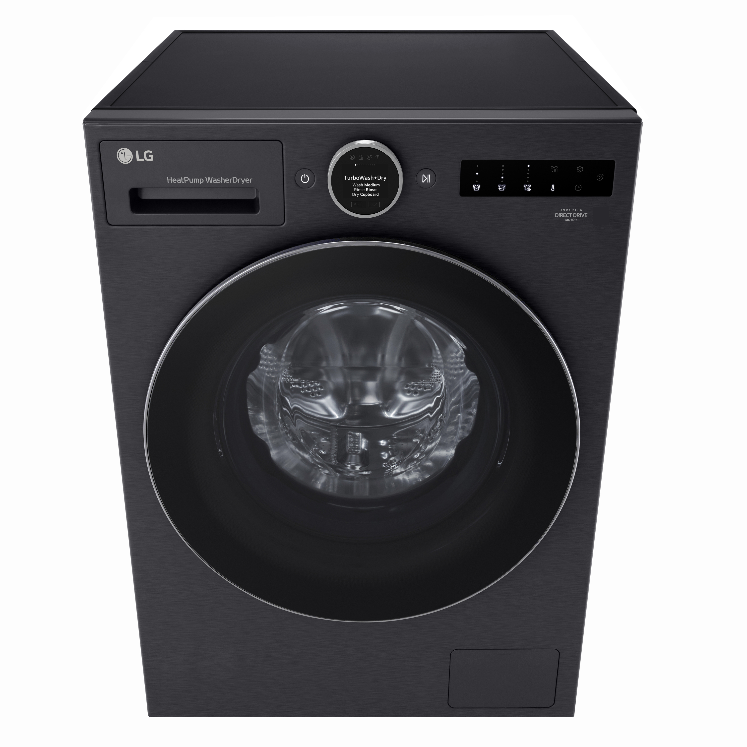 Schwarze LG Waschmaschine mit Frontlader und silbernem Drehregler.