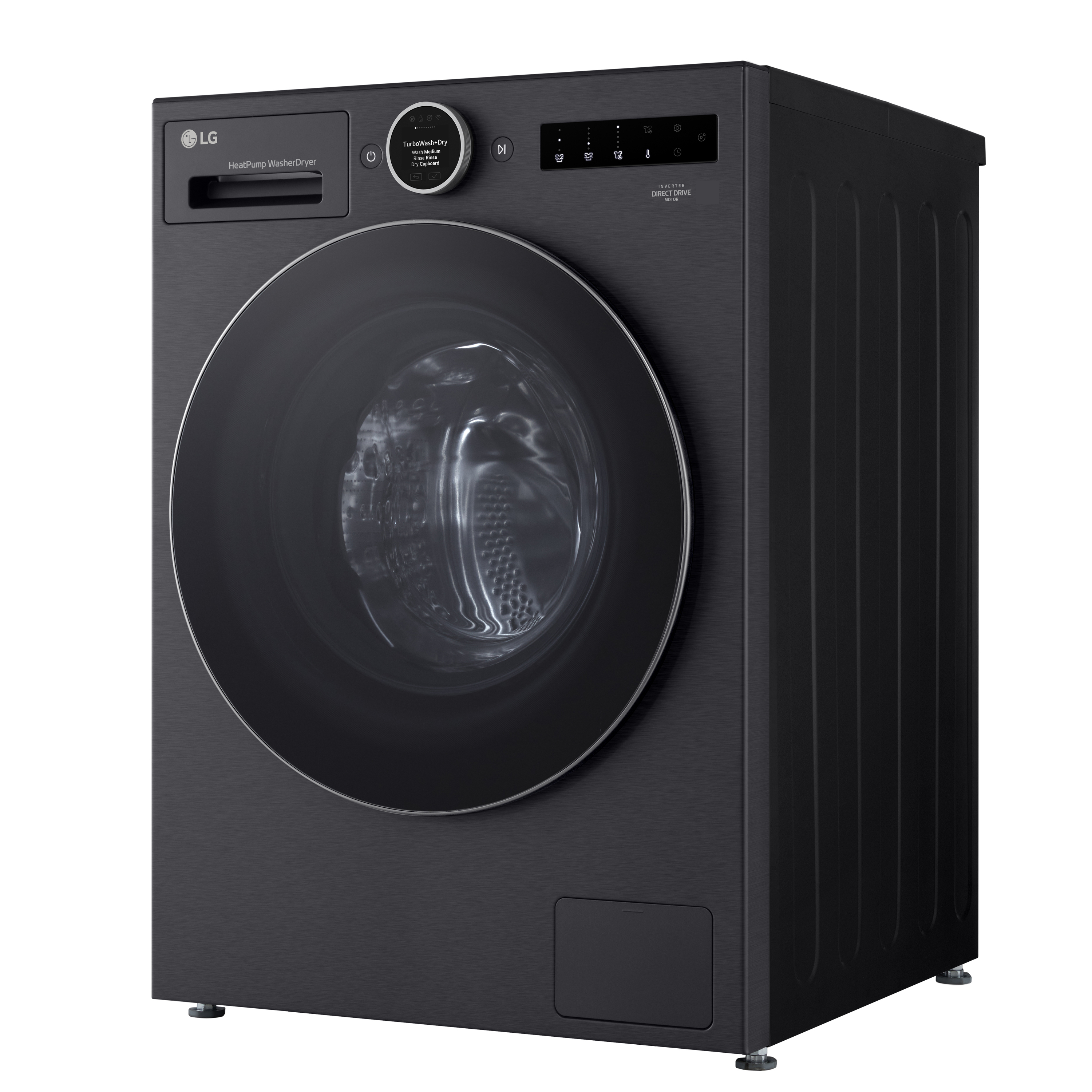 Schwarze LG Waschmaschine mit Wärmepumpe und Trockner, Frontansicht.