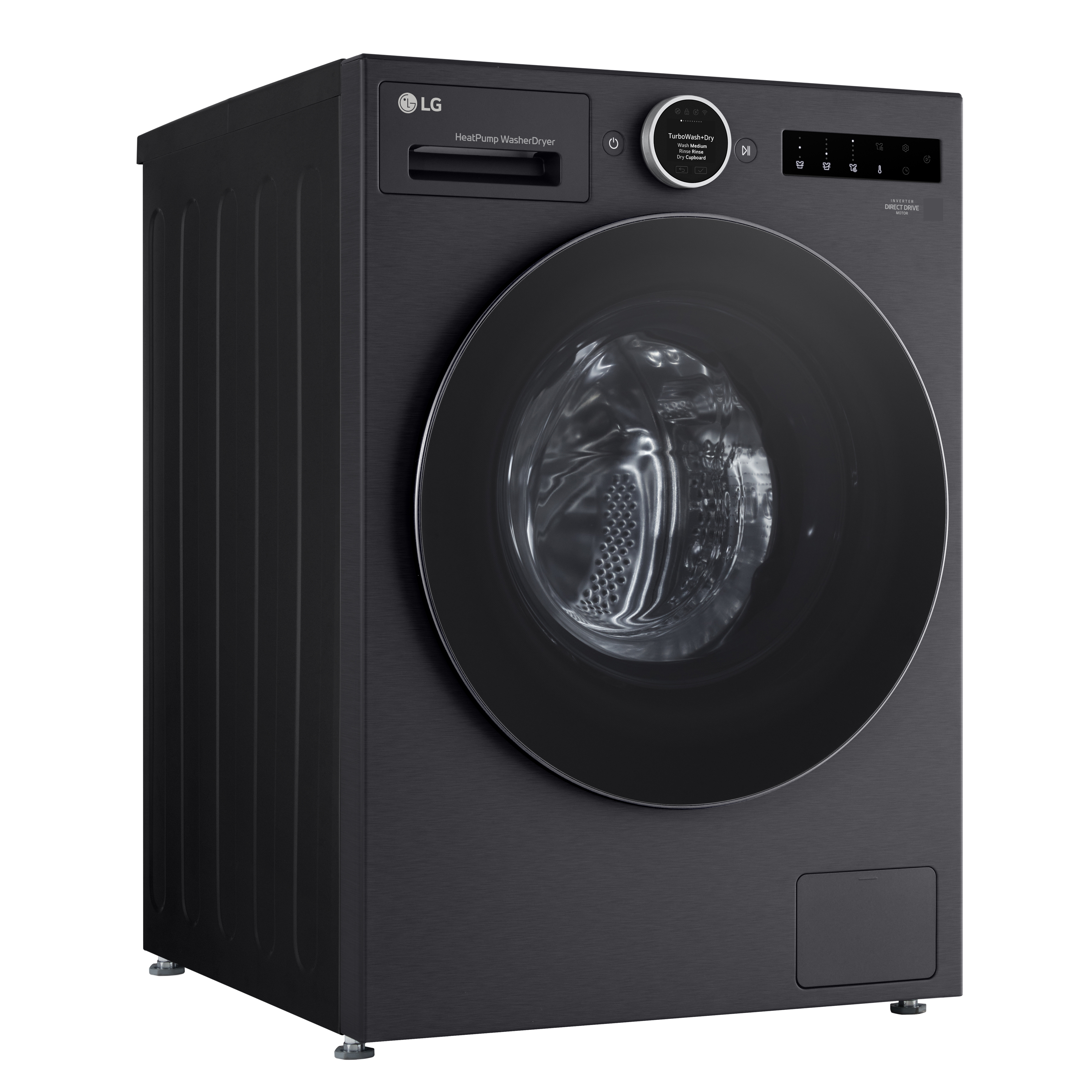 Schwarzer LG HeatPump Wäschetrockner mit runder Glastür und Digitalanzeige.