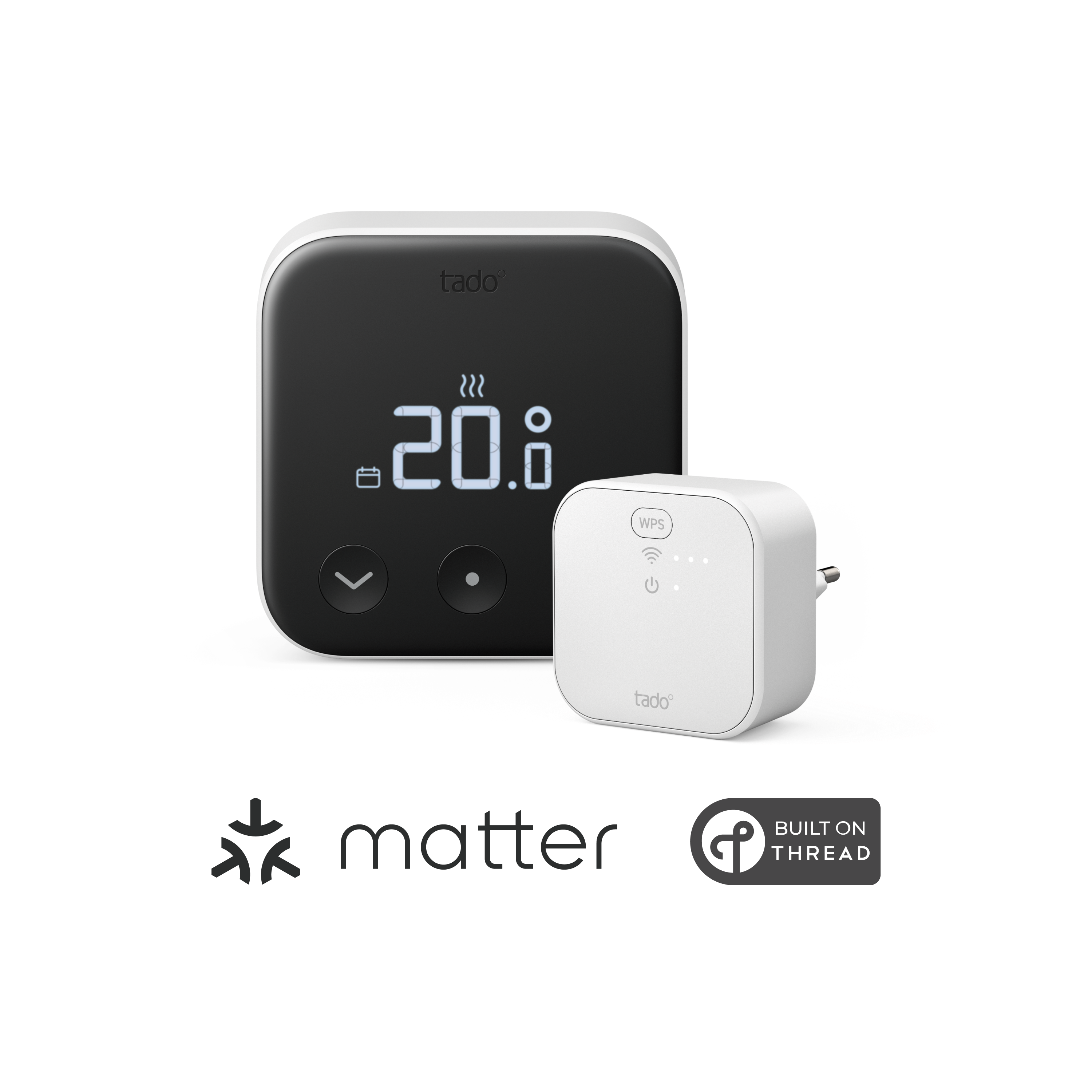 Un termostato negro con controles plateados y un dispositivo Tado blanco al lado.
