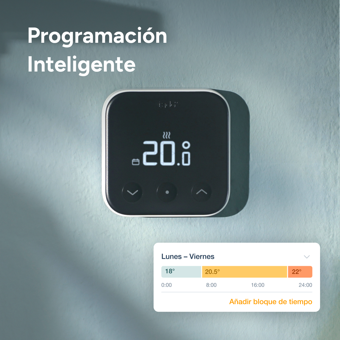 Un termostato muestra 20 grados y un horario Lunes-Viernes.