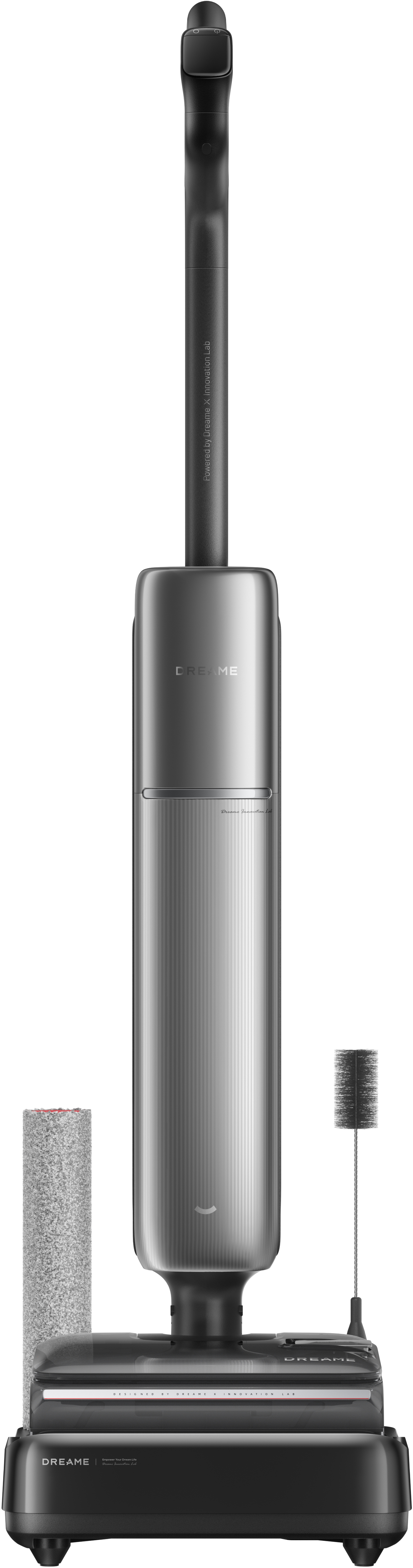 Ein silberner Nass-/Trockensauger mit schwarzem Griff und Zubehör.