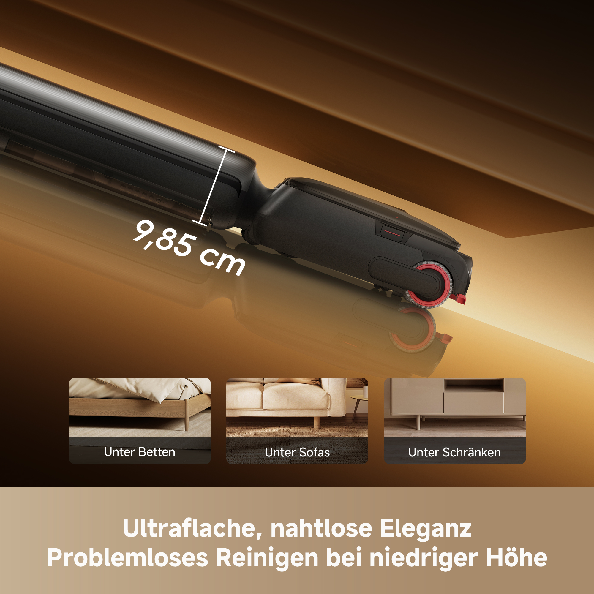 Schwarzer Staubsauger mit 9,85 cm Höhe, reinigt unter Betten, Sofas, Schränken.