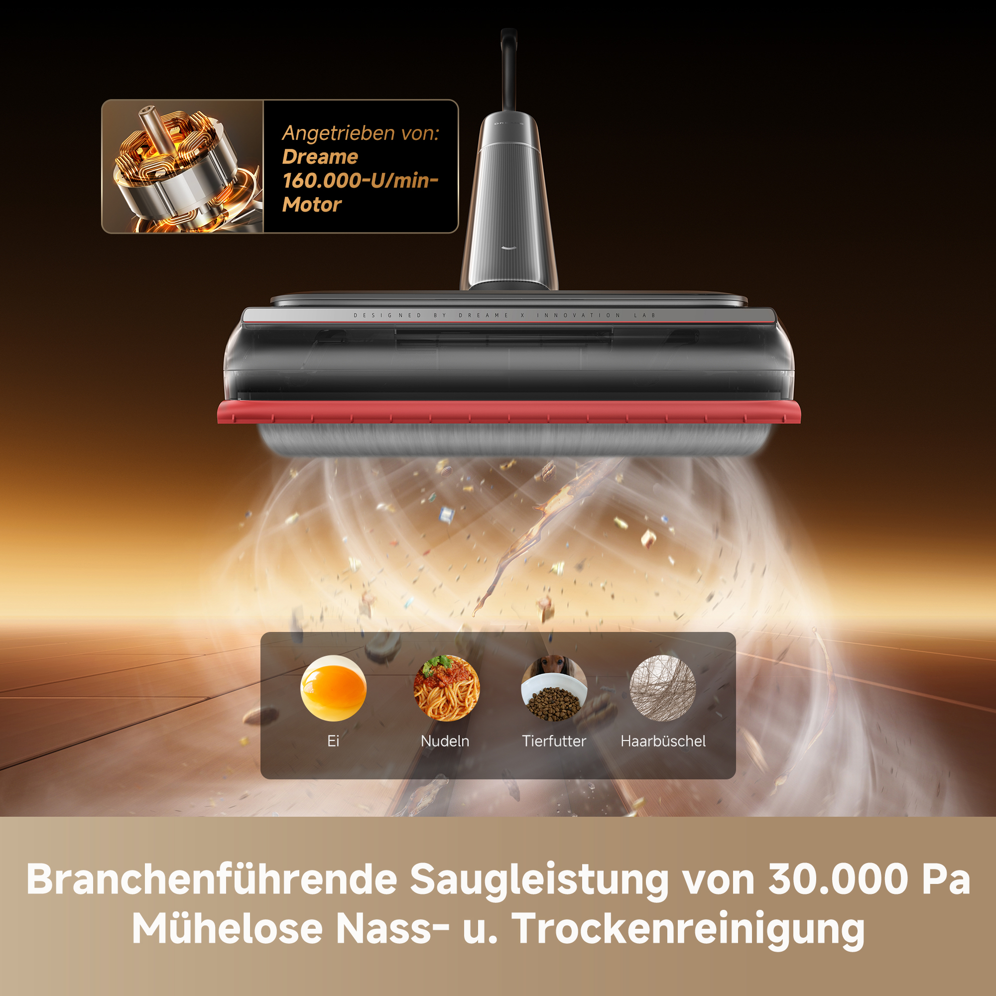 Ein Staubsaugerkopf saugt Staub, Nudeln, Tierfutter und Haare auf.