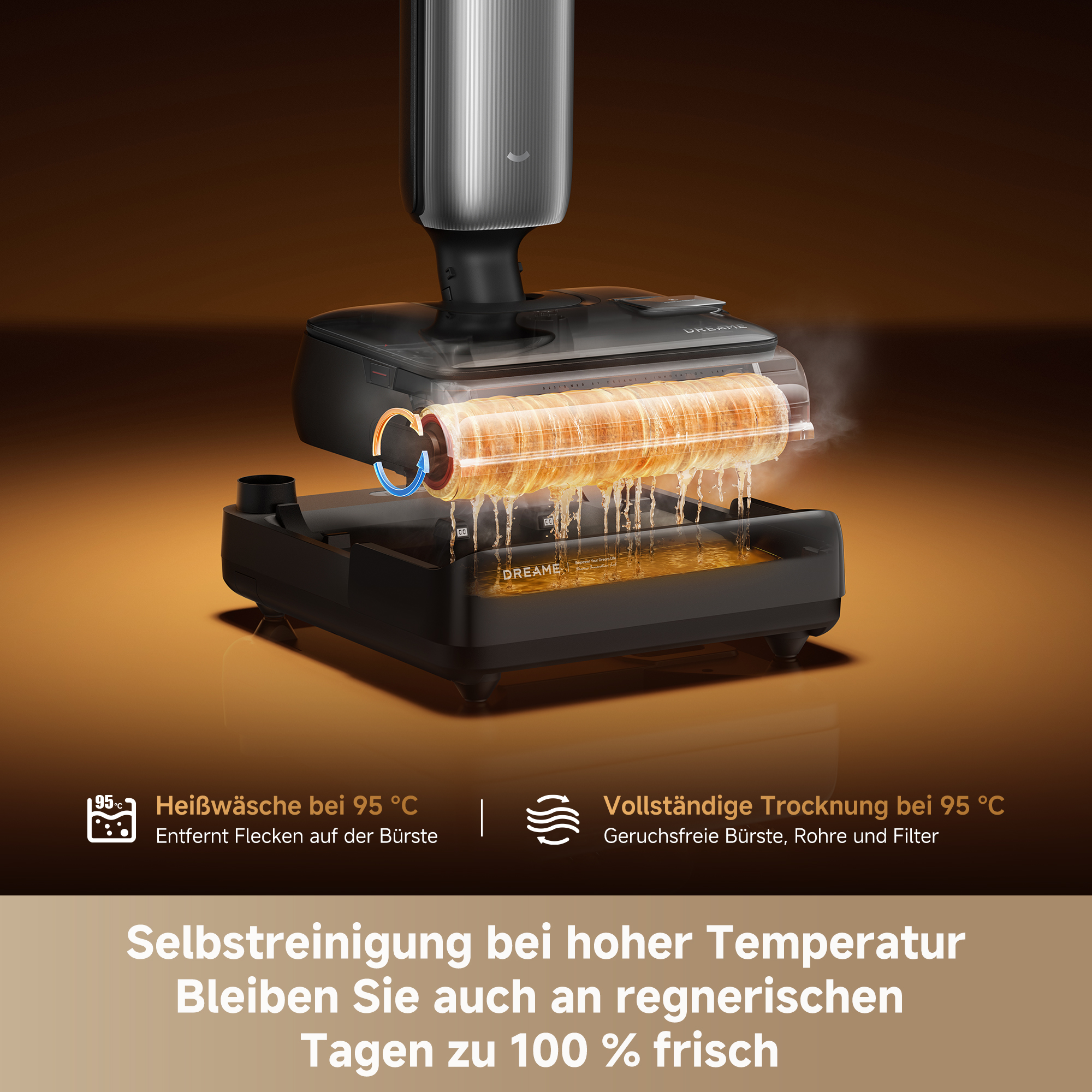 Dampfreiniger mit rotierender Bürste, die bei 95°C heiß wäscht und trocknet.
