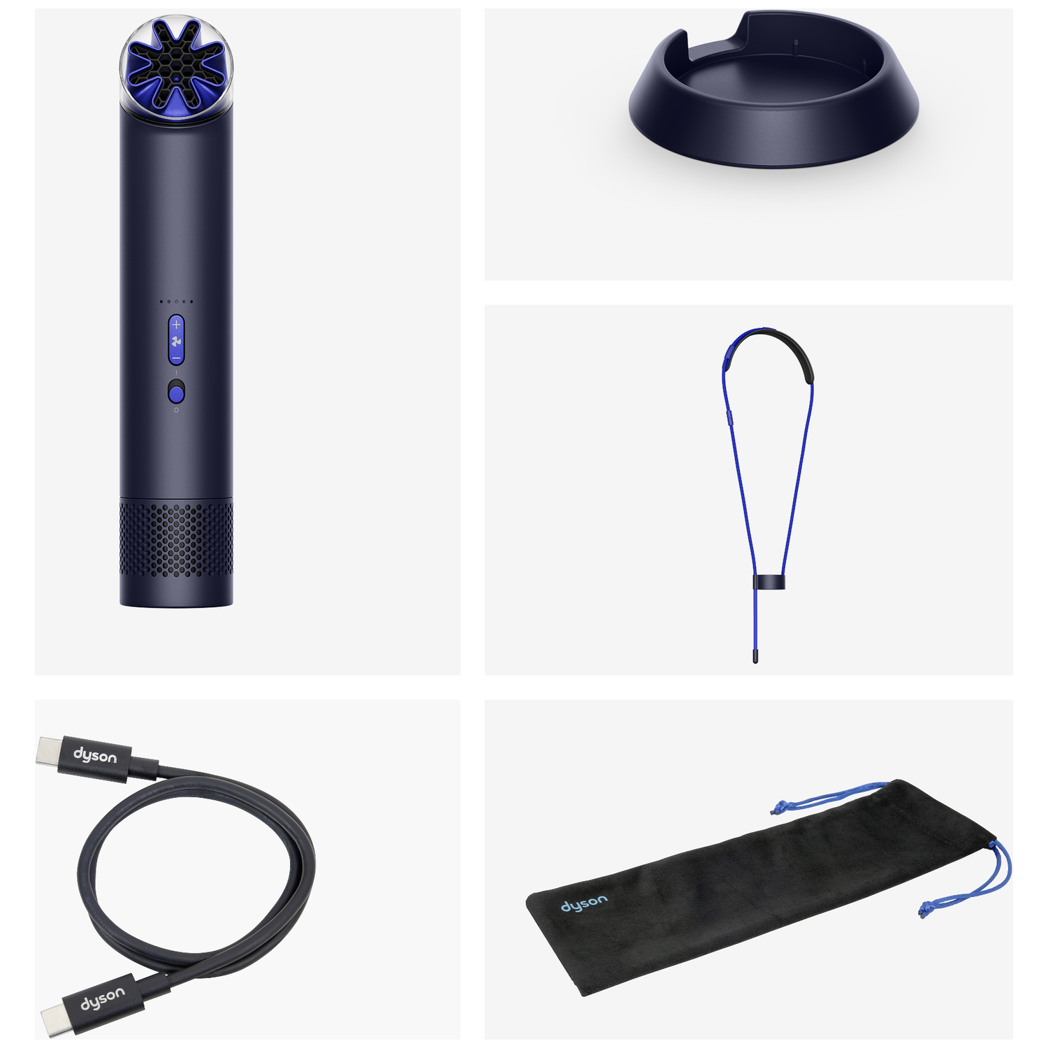 Dark blue handheld device with fan, charging cable, strap, charging base, and pouch.