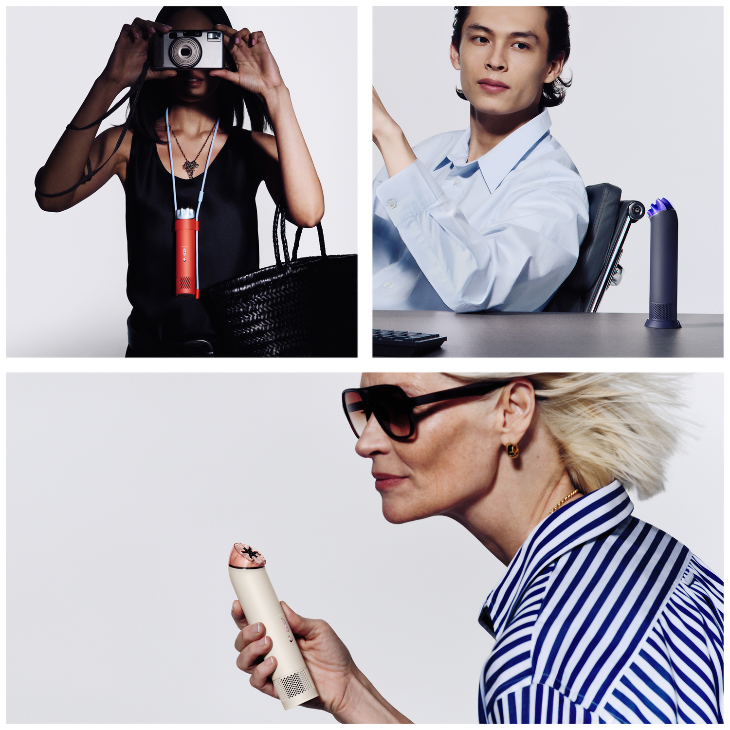 Woman with camera, man at desk with device, woman with device.