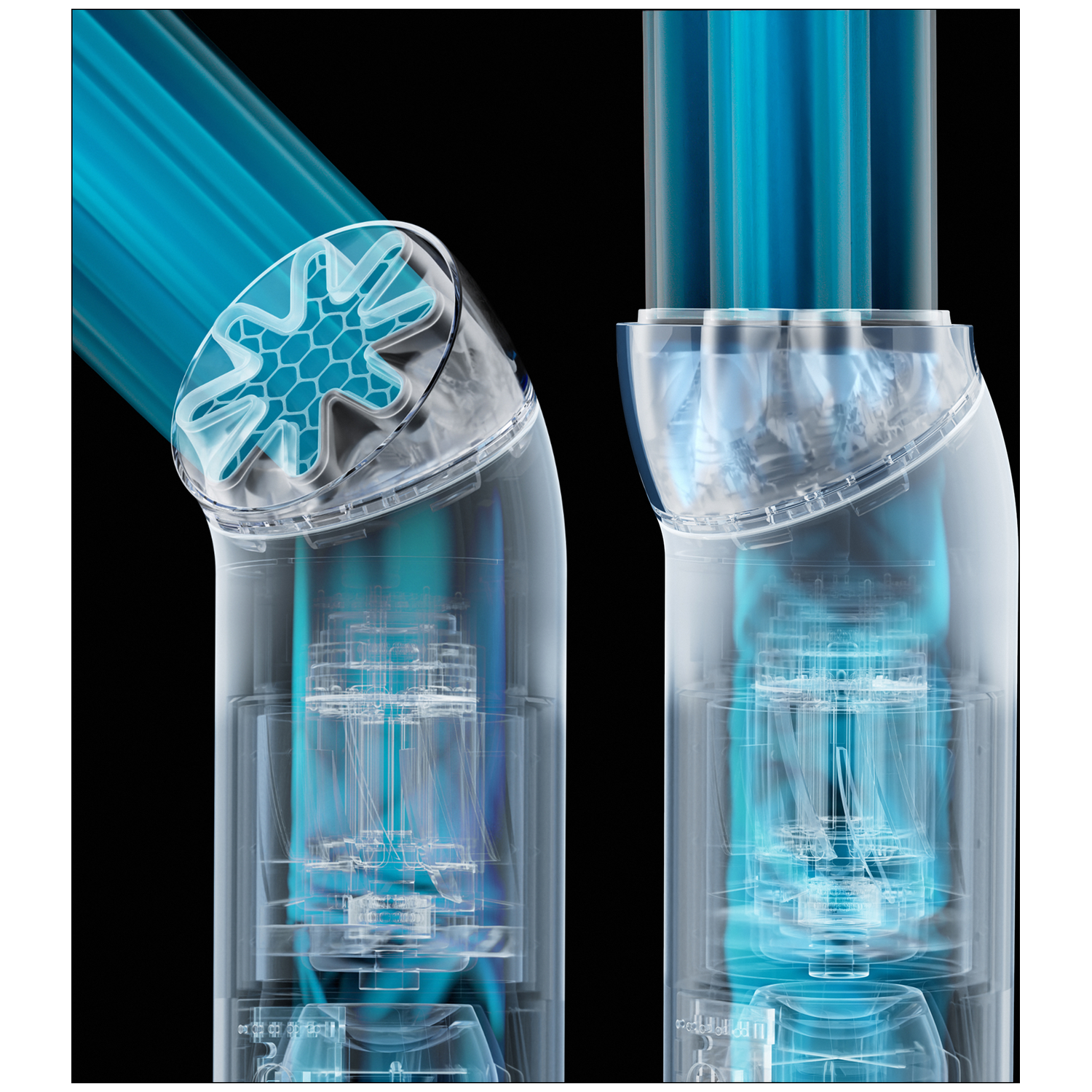 Transparent tubes with blue light flowing through complex internal mechanics.