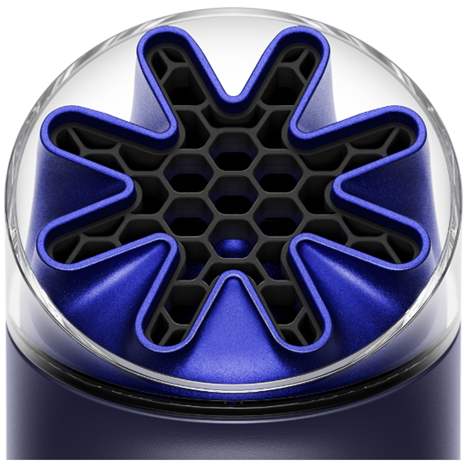 Close-up of a blue, star-shaped nozzle with a hexagonal grid inside.