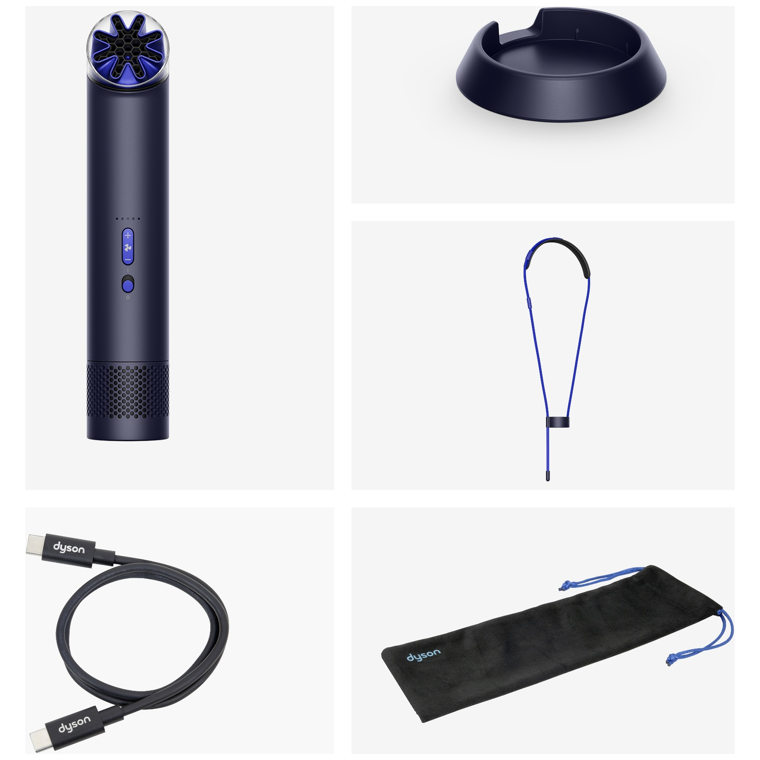 Dark blue Dyson device with blue accents, stand, cable, and pouch.
