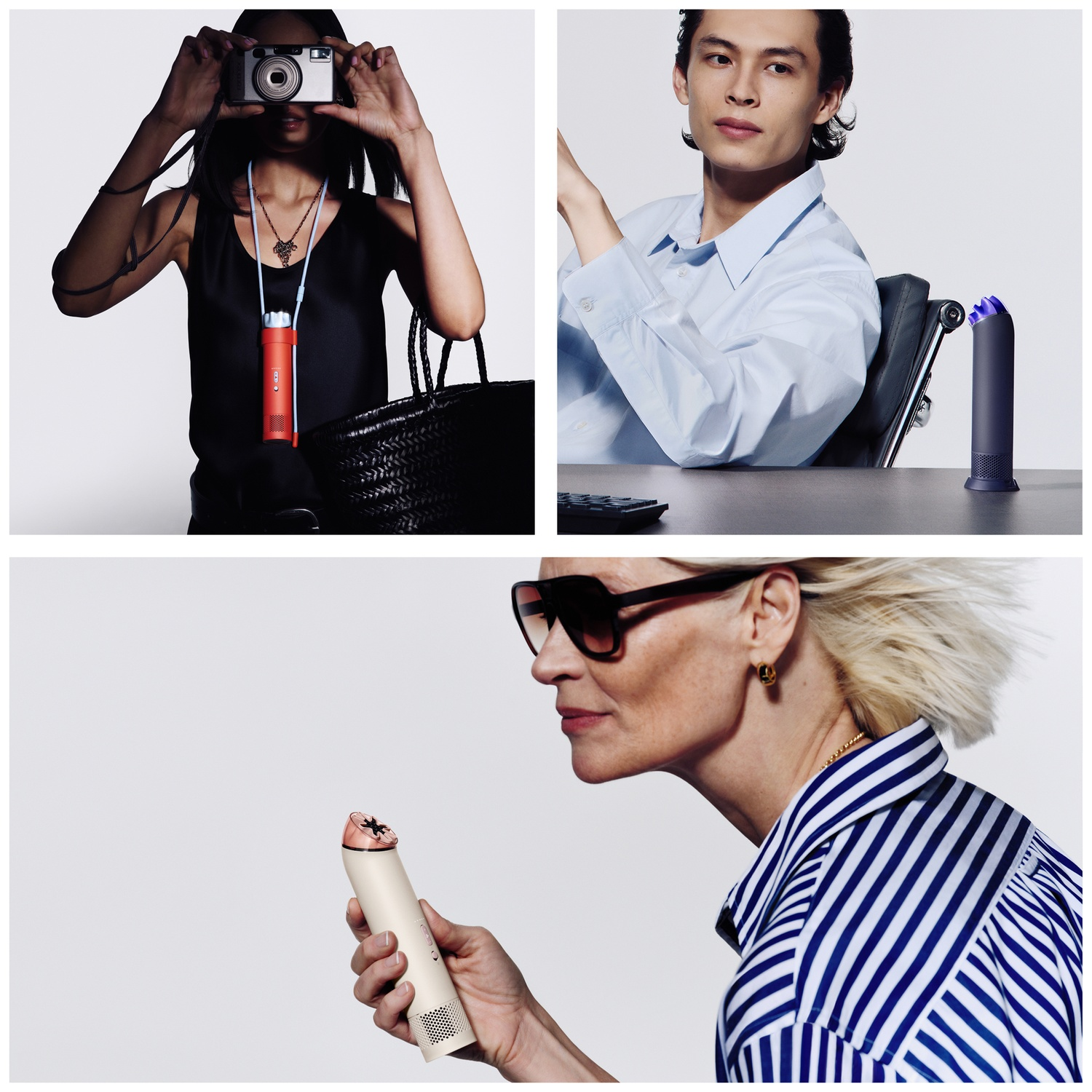 Woman with camera, man at desk with device, woman holding device.