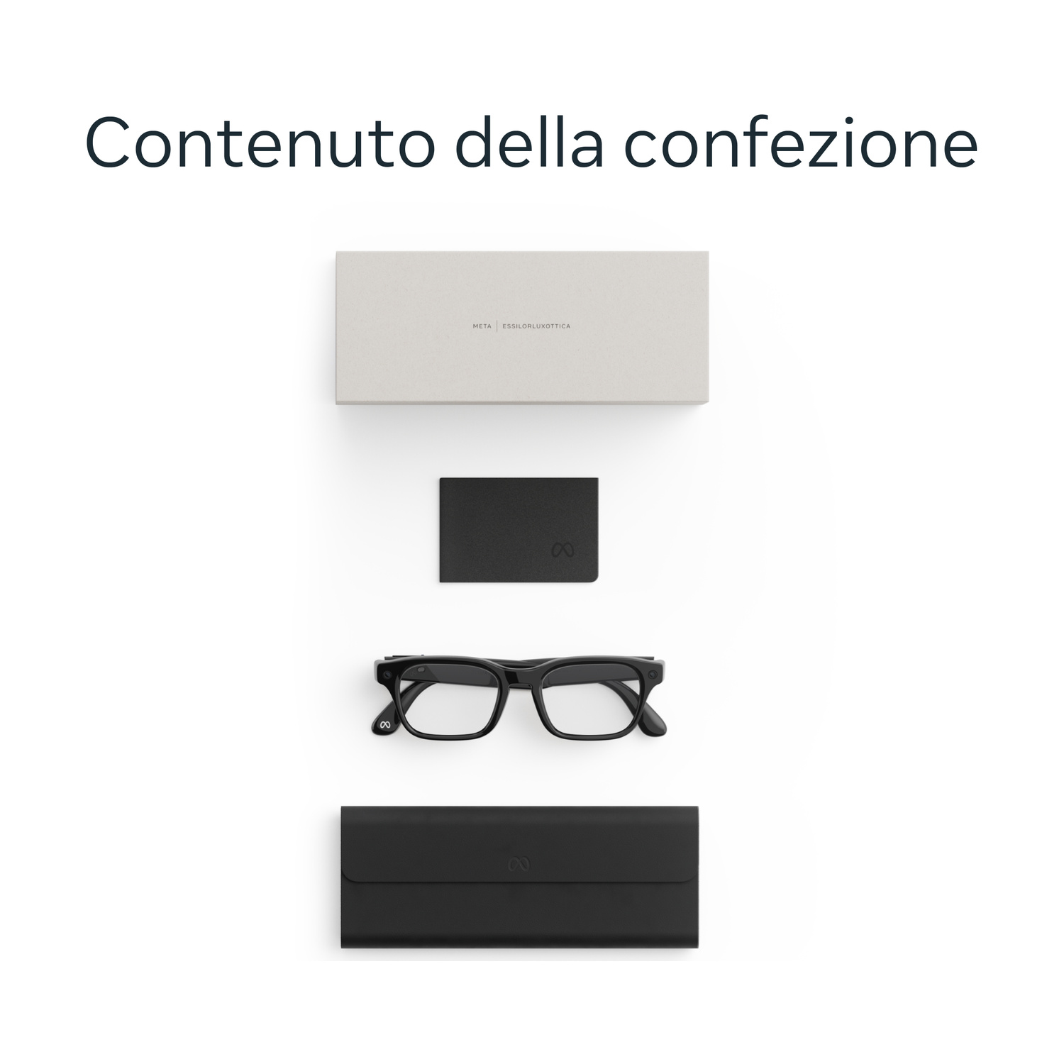 Una confezione con occhiali, custodia nera e scatola.