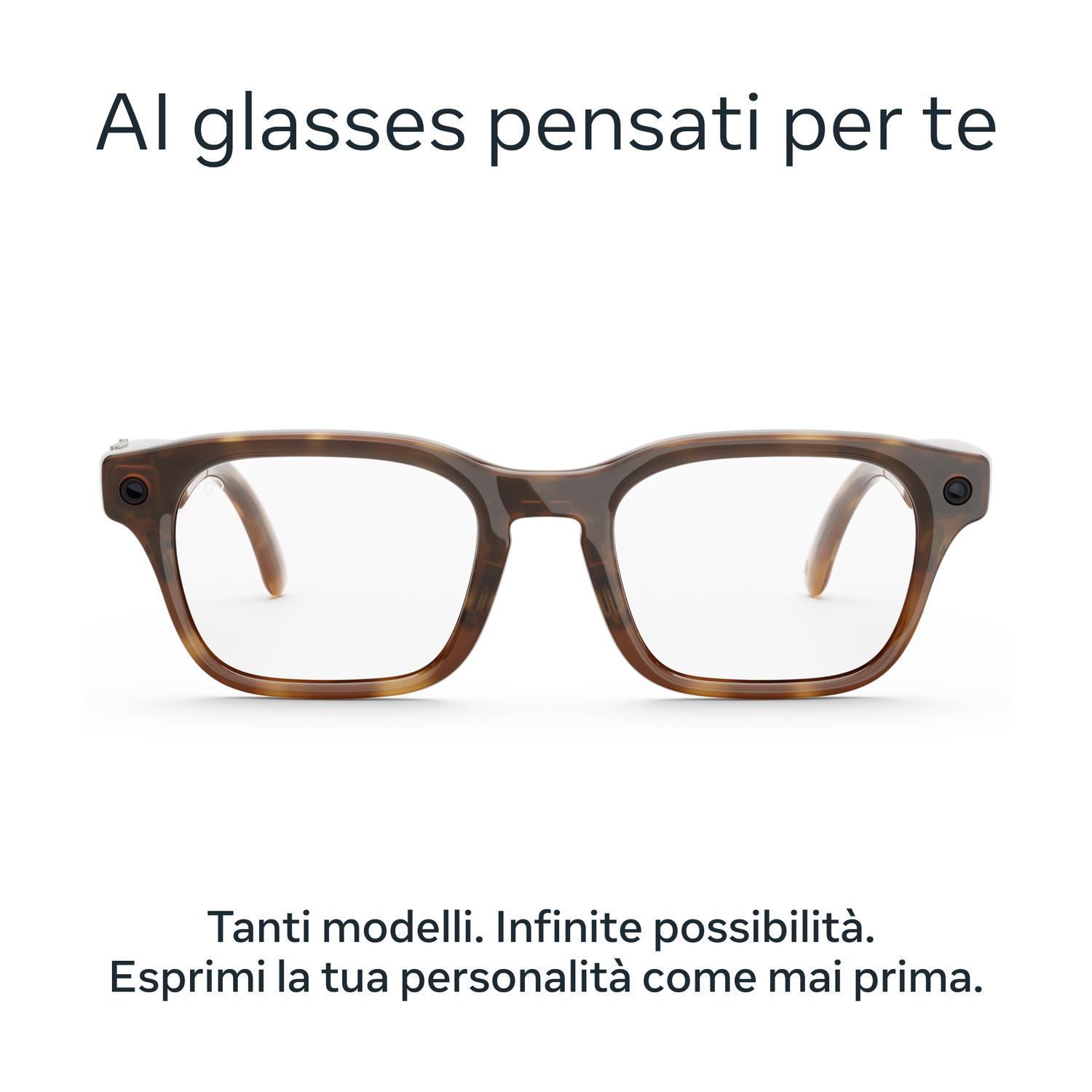 Occhiali marroni tartarugati con lenti trasparenti e tecnologia integrata.