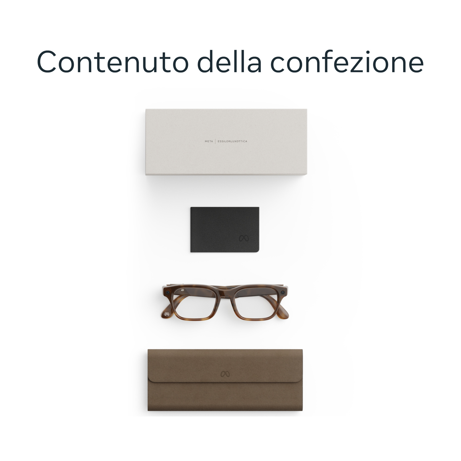 Una scatola Meta, custodia nera, occhiali tartarugati e custodia marrone su bianco.