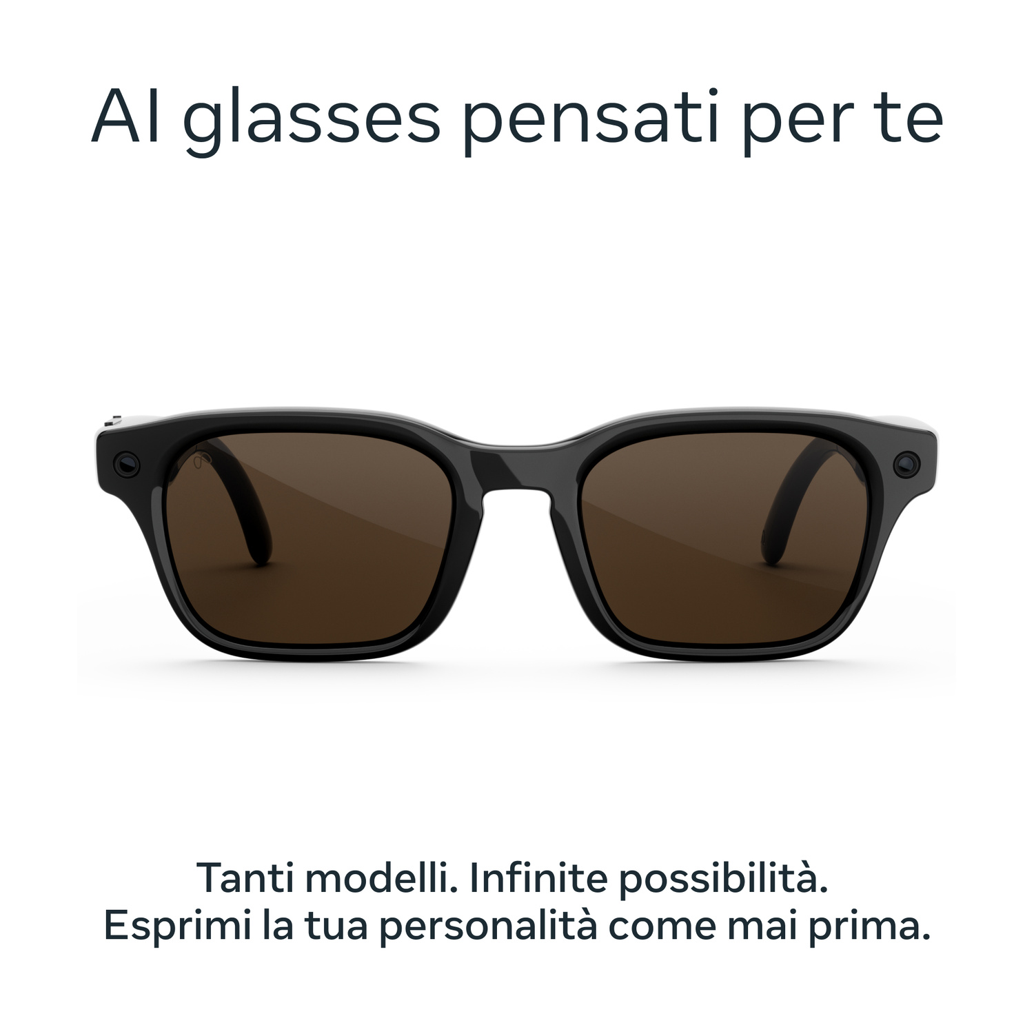 Occhiali neri con lenti marroni e fotocamere sulle stanghette.