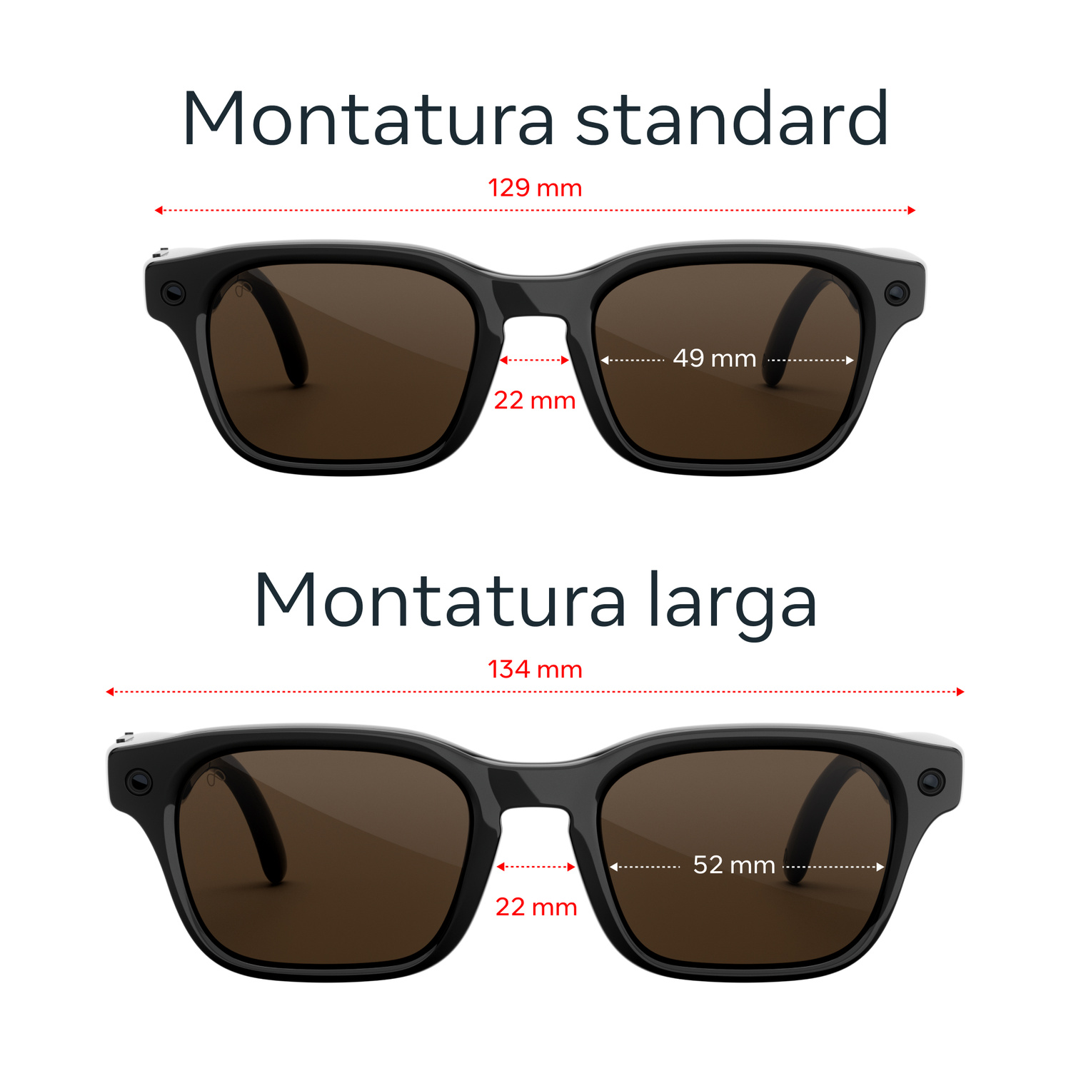 Due occhiali: Standard (129x49mm) e Lunga (134x52mm).