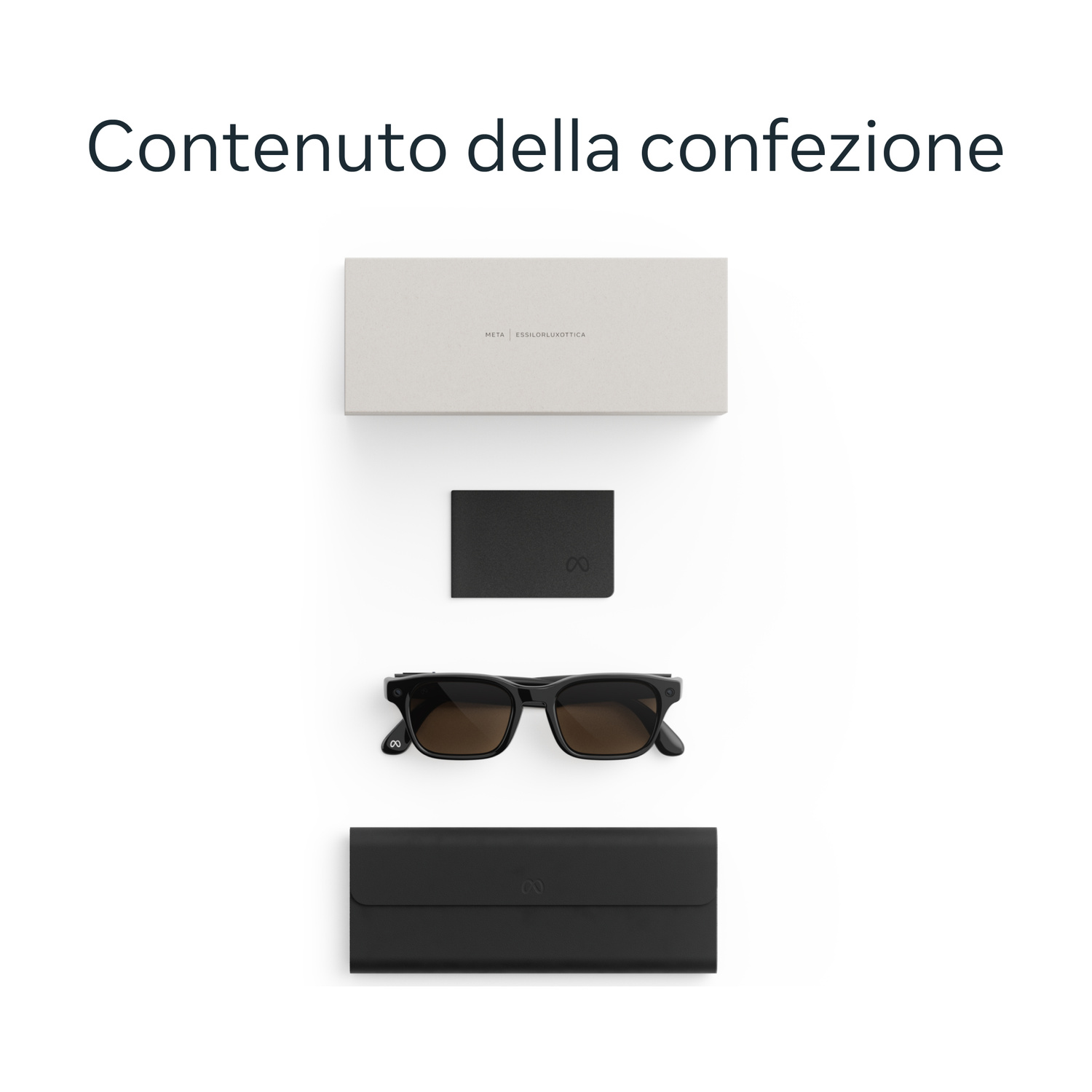 Contenuto della confezione: scatola, portafoglio, occhiali da sole e astuccio.
