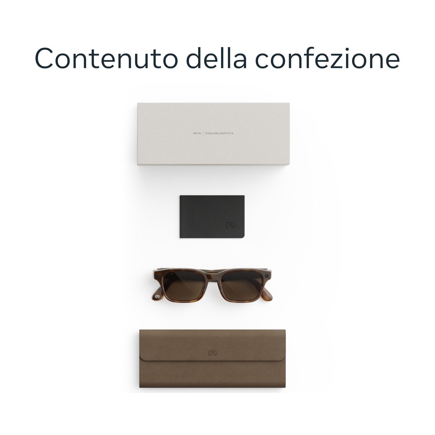 Contenuto della confezione: Scatola grigia, custodia nera, occhiali da sole marroni, custodia marrone.