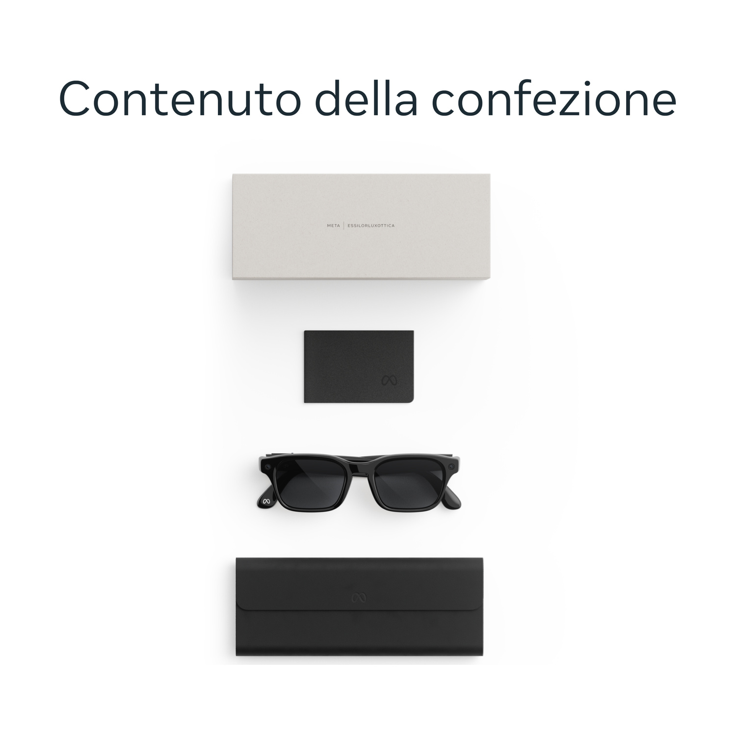 Occhiali da sole neri, custodia e scatola con logo Meta Essilorlux su sfondo bianco.