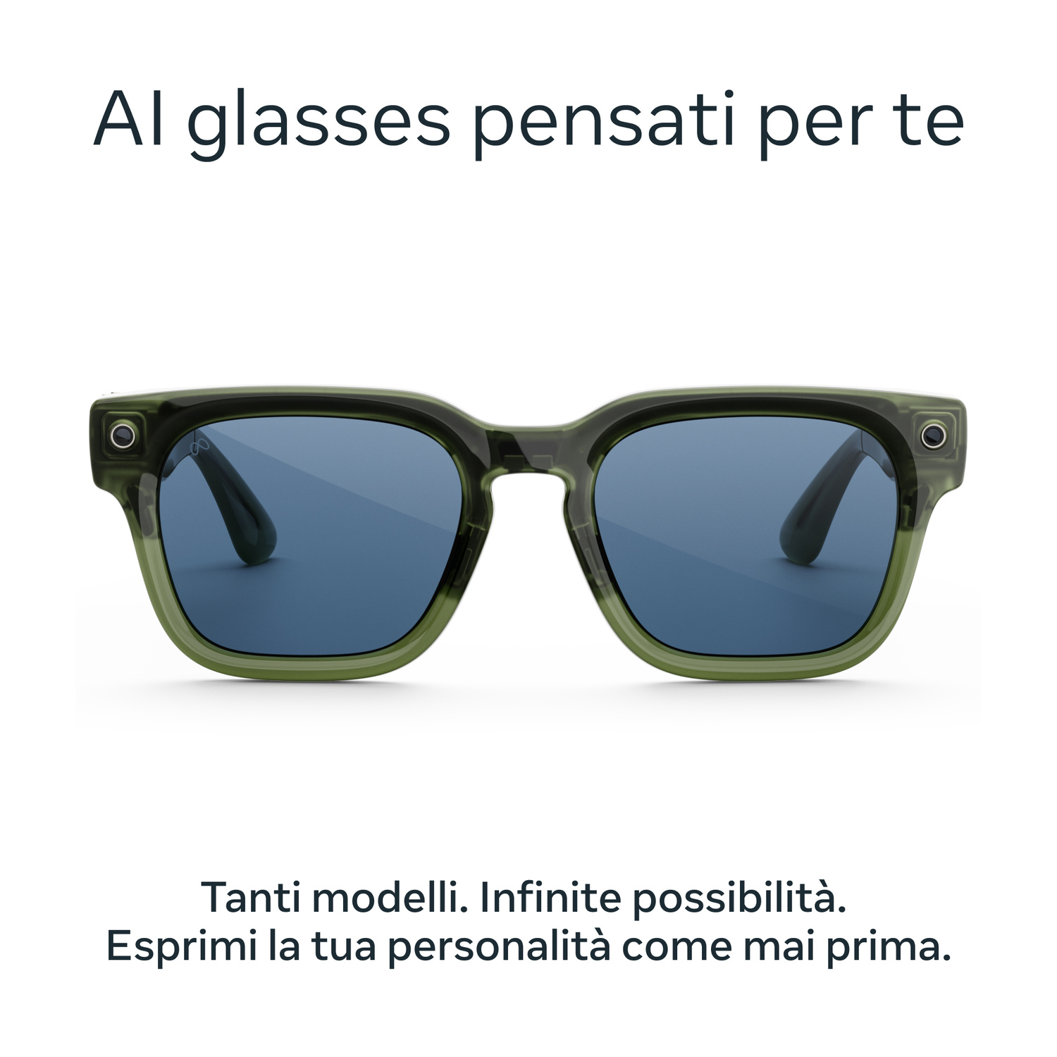Occhiali verdi con lenti blu e accenti argentati, vista frontale.