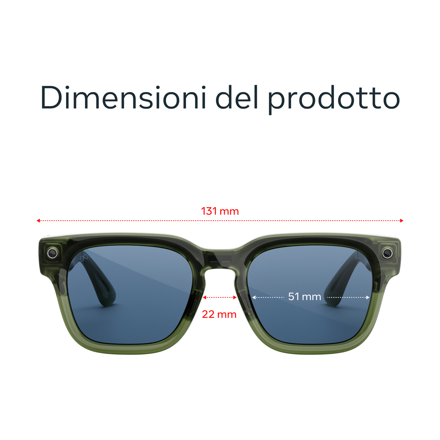 Occhiali da sole verdi con lenti blu, dimensioni 131mm, 51mm, 22mm.