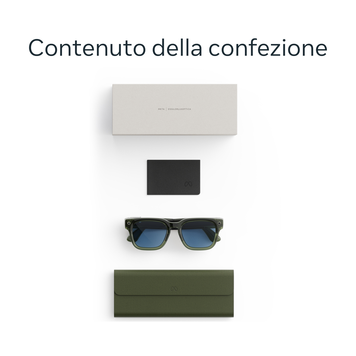 Scatola grigia, portafoglio nero, occhiali da sole verdi e custodia verde.