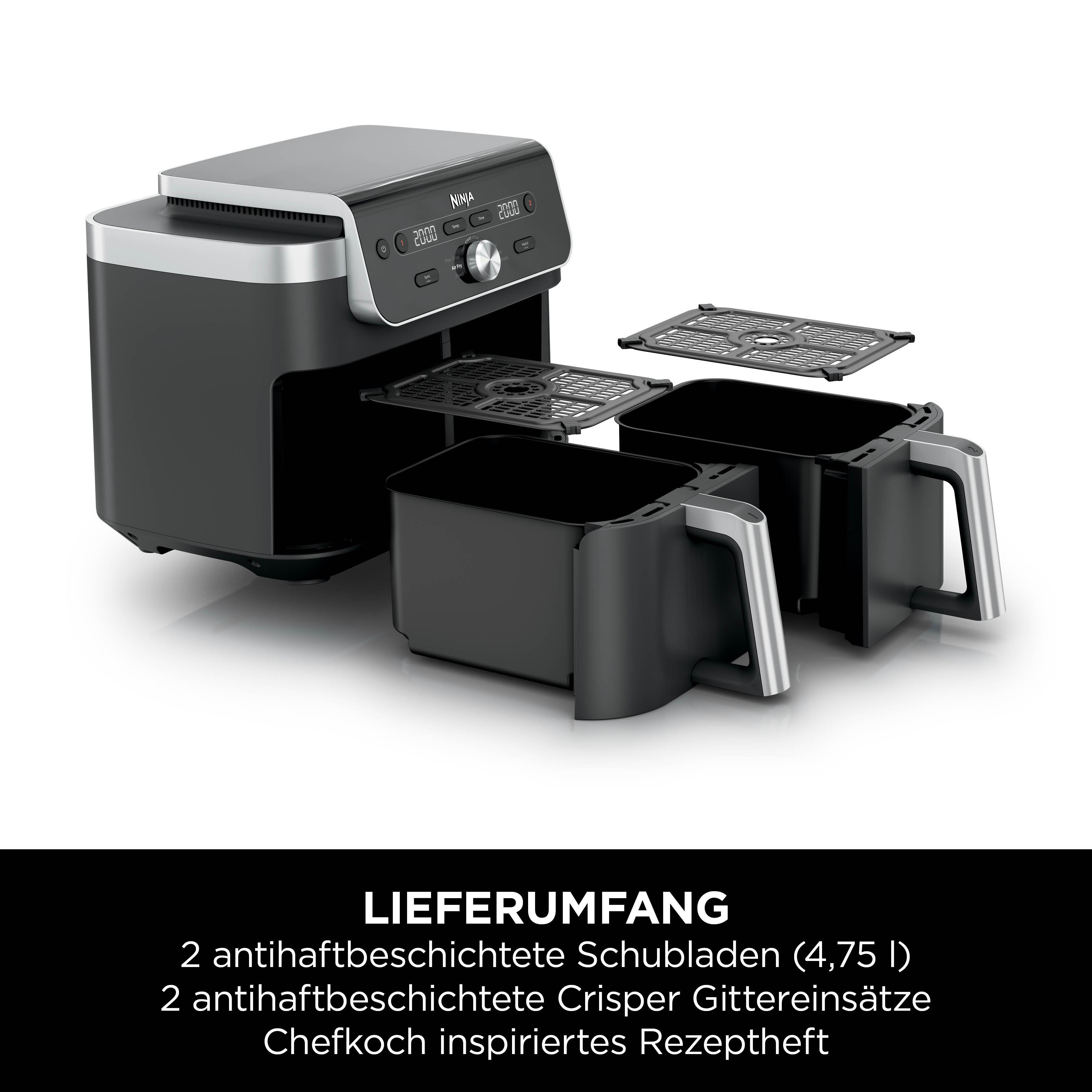 Ein Ninja Dual Air Fryer mit zwei Schubladen und Grillrosten.