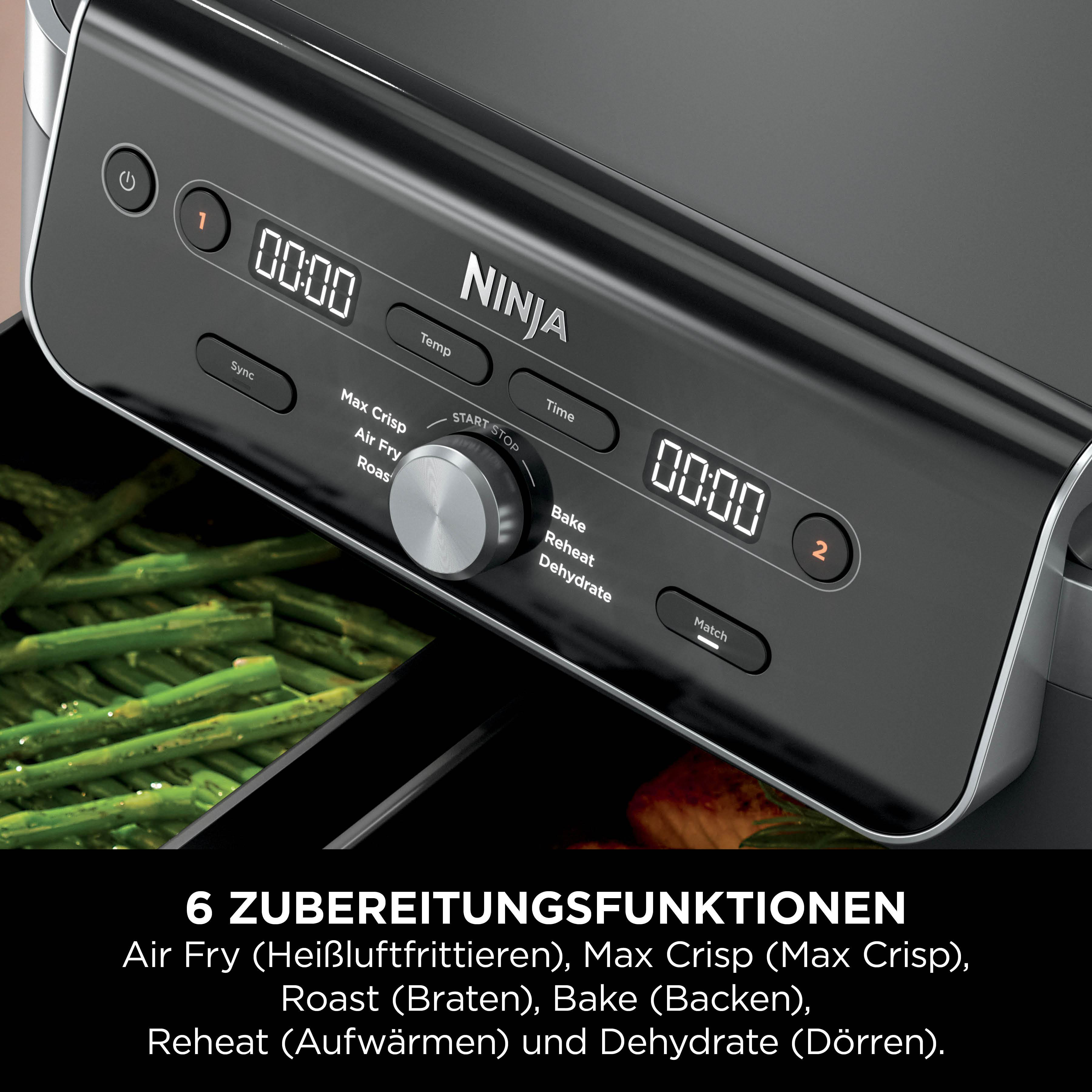 Ninja Heißluftfritteuse mit Kochfunktionen und Gargut.