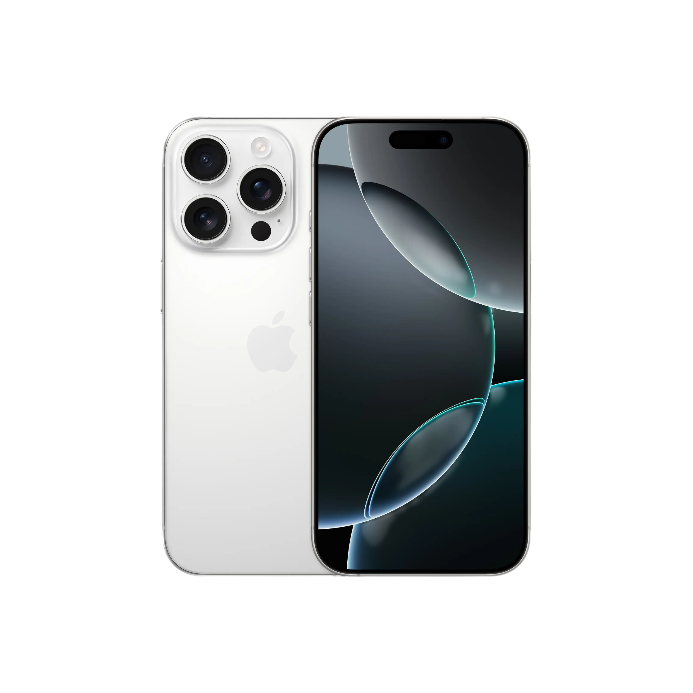 Arkada üç kamerası ve koyu ekranı olan beyaz iPhone. Apple logosu görünür.