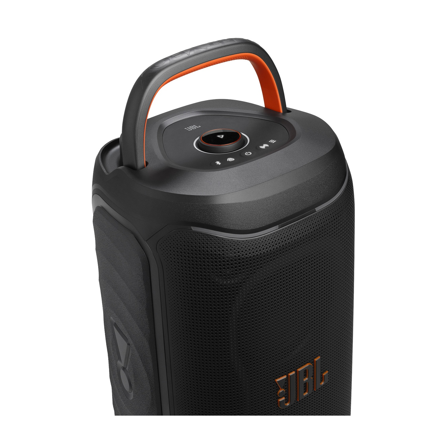 Altoparlante JBL nero con manico arancione e pulsanti di controllo sopra.