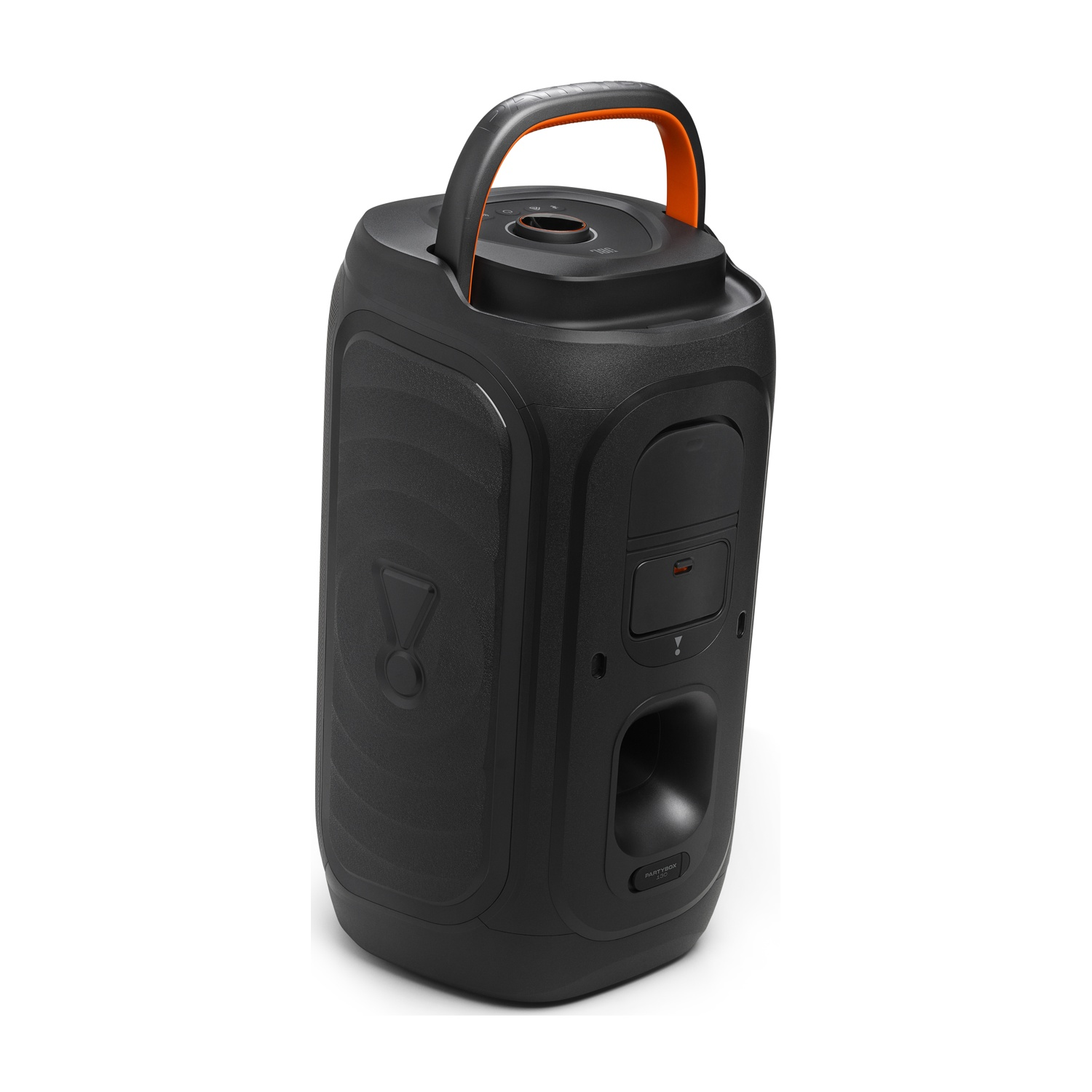Altoparlante portatile nero con manico arancione e logo JBL.
