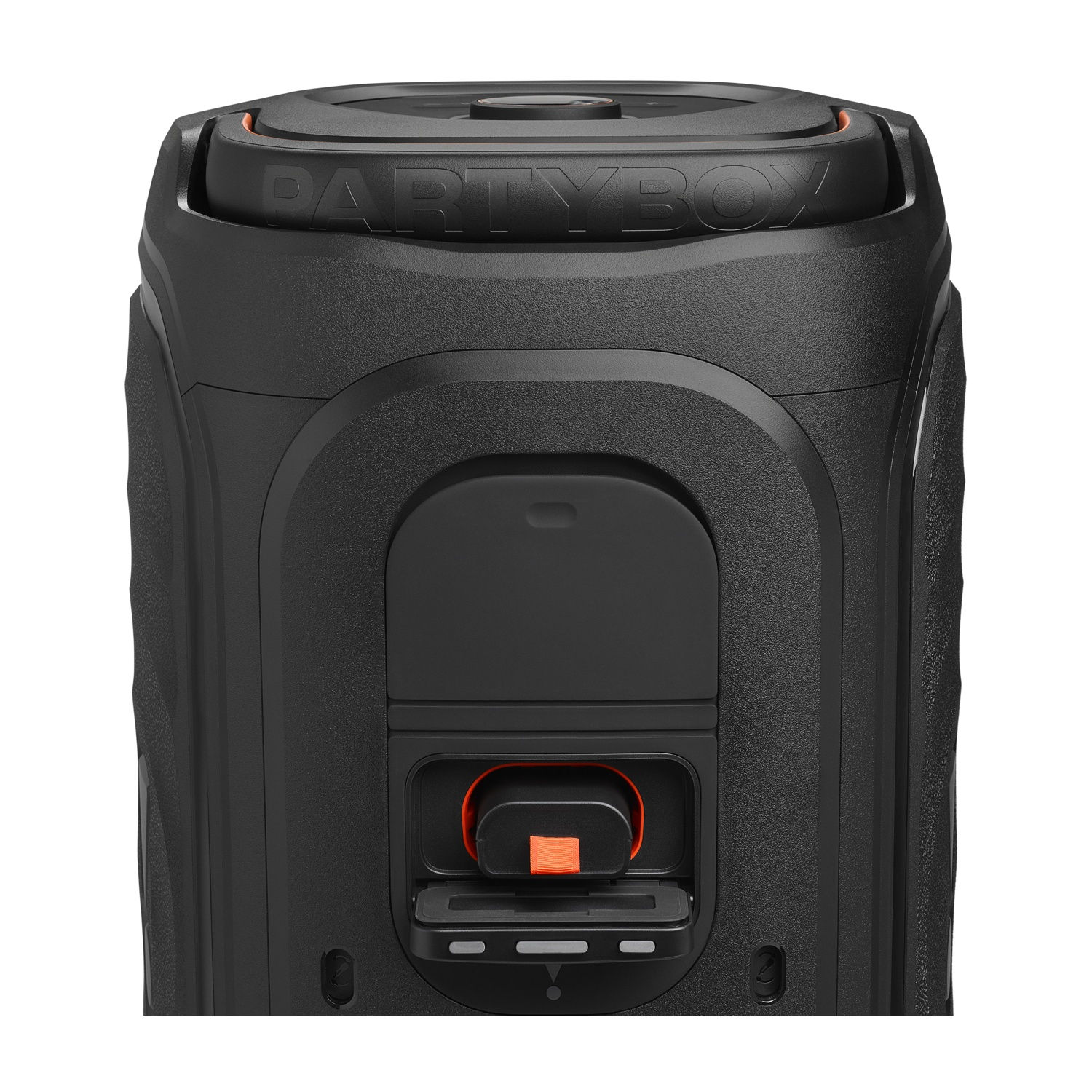 Altoparlante JBL Partybox nero con scritta "PARTYBOX" e vano aperto.