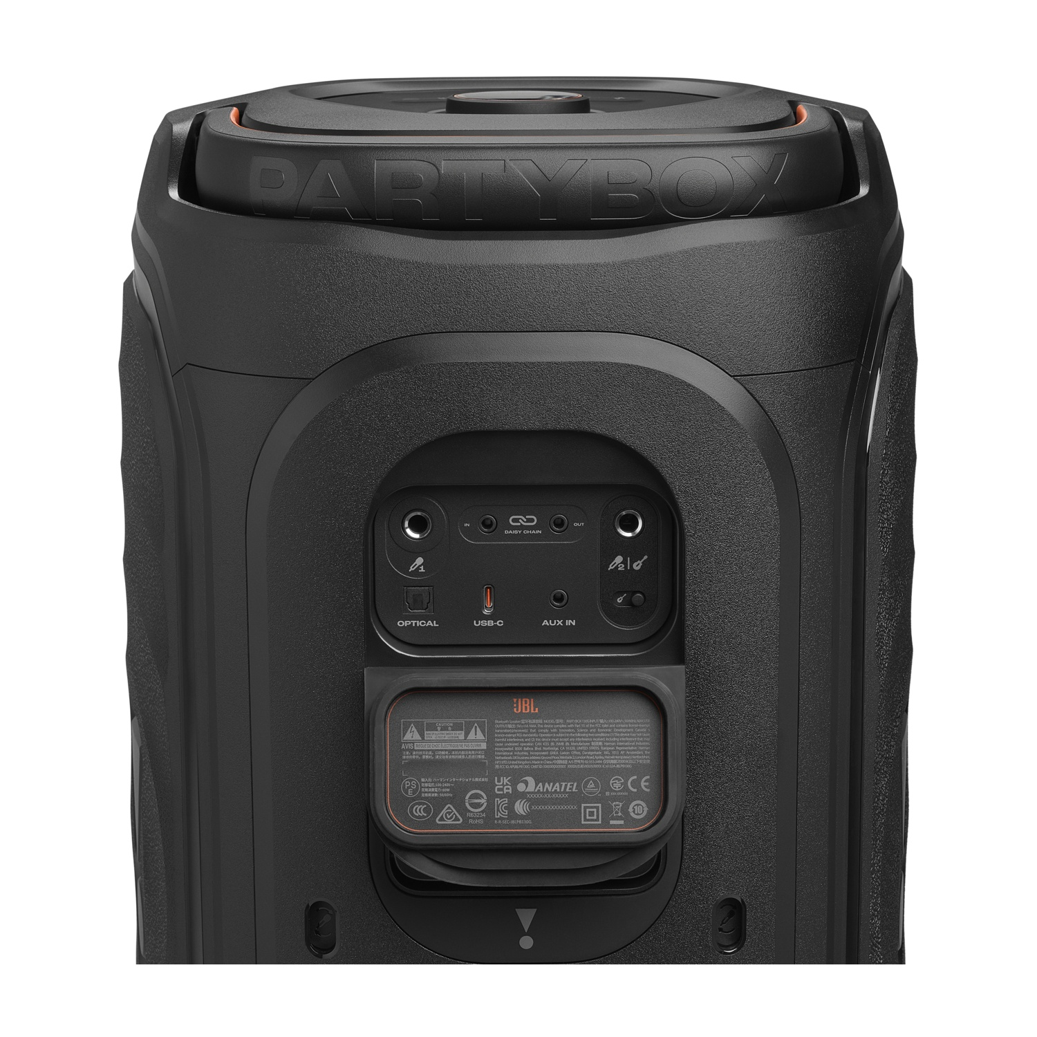 Retro di un altoparlante JBL Partybox nero con porte.