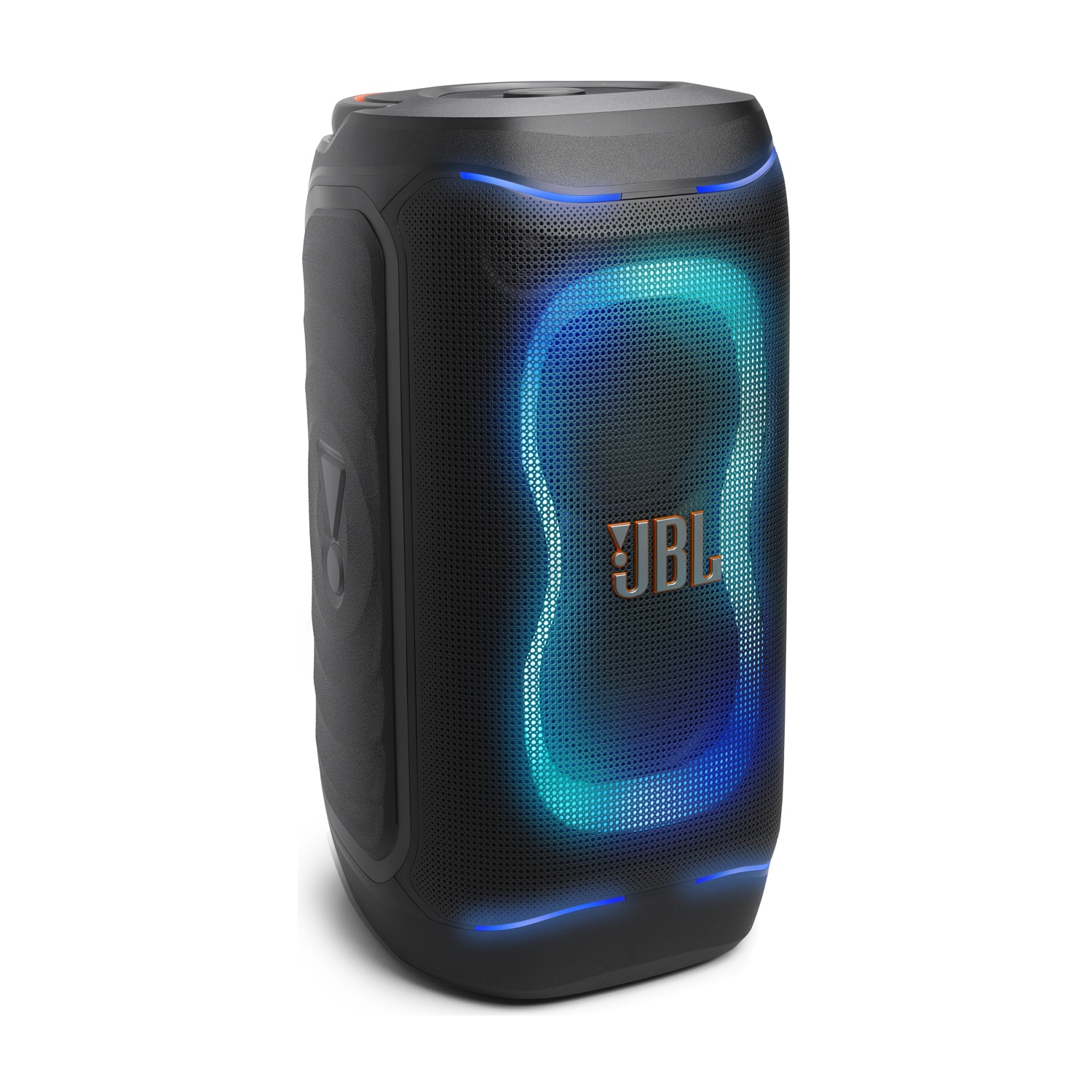 Altoparlante JBL nero con luci blu e turchesi su sfondo bianco.