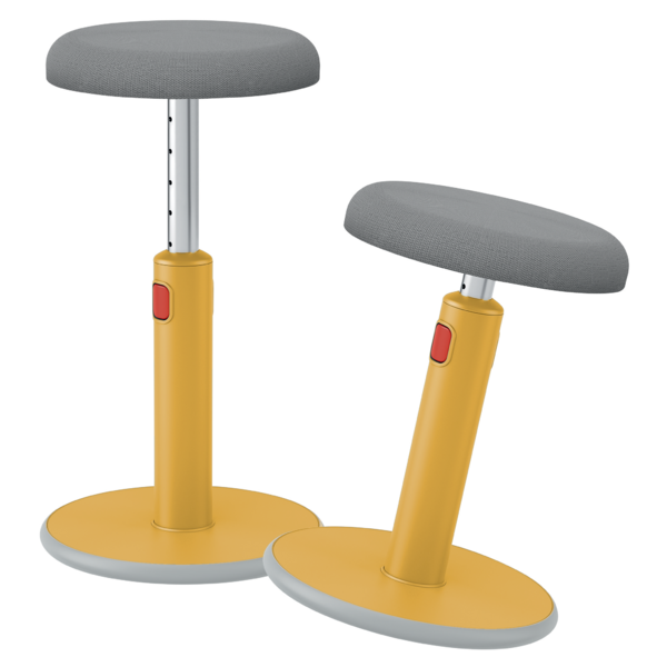 Zwei gelbe Hocker mit grauen Sitzflächen auf weißen Hintergrund.
